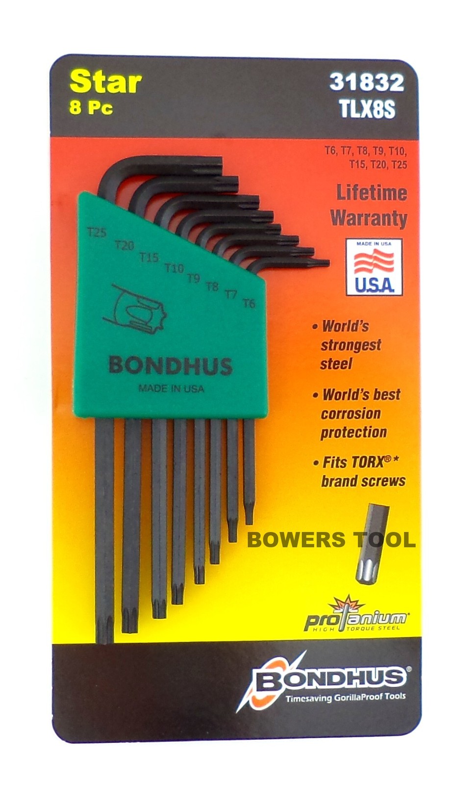 Bondhus 8pc Torx Star L Wrench Set T6-T25 MADE IN USA 31832 ProGuard Protanium