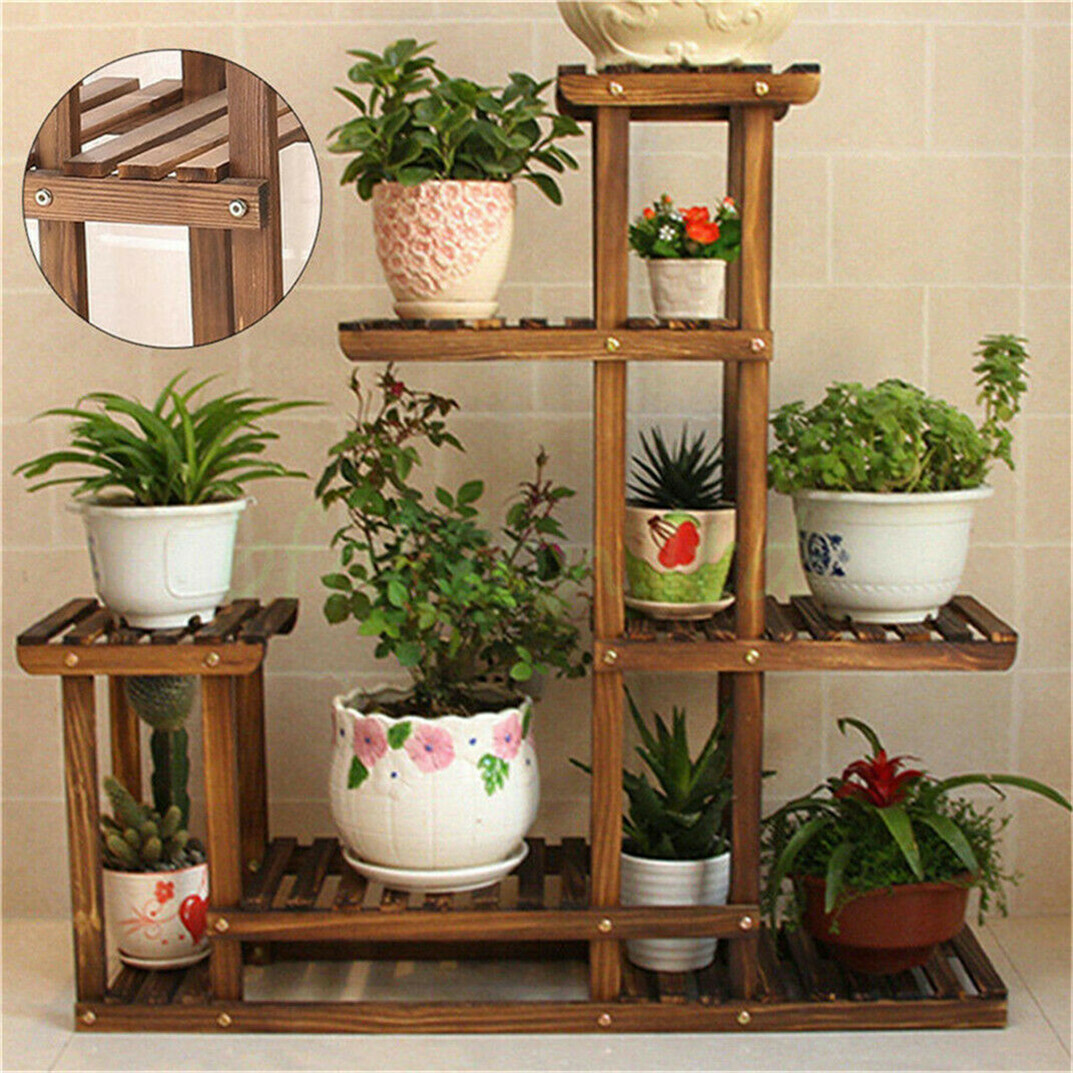 Multi Tier Wood Flower Rack Plant Stand Wood Shelves Bonsai Display Shelf Indoor