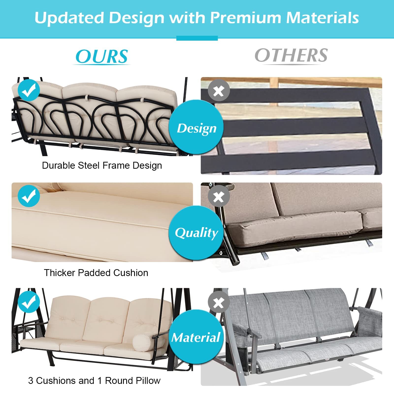 3-Person Outdoor Patio Swing Chair w/Adjustable Canopy Cover &Steel Frame 3 Type