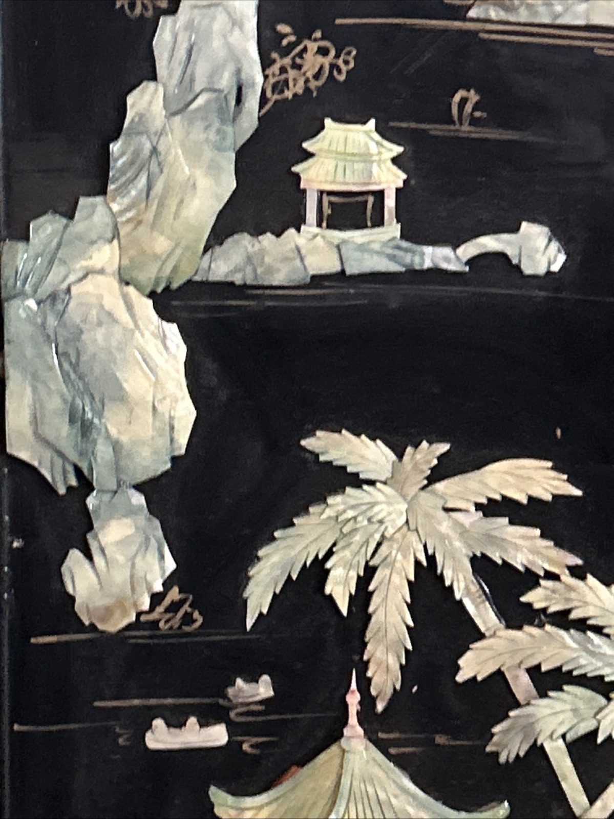 3 Vintage Laquered Asian With Mother of Pearl Panels 12”x 36” 2 Sets Available