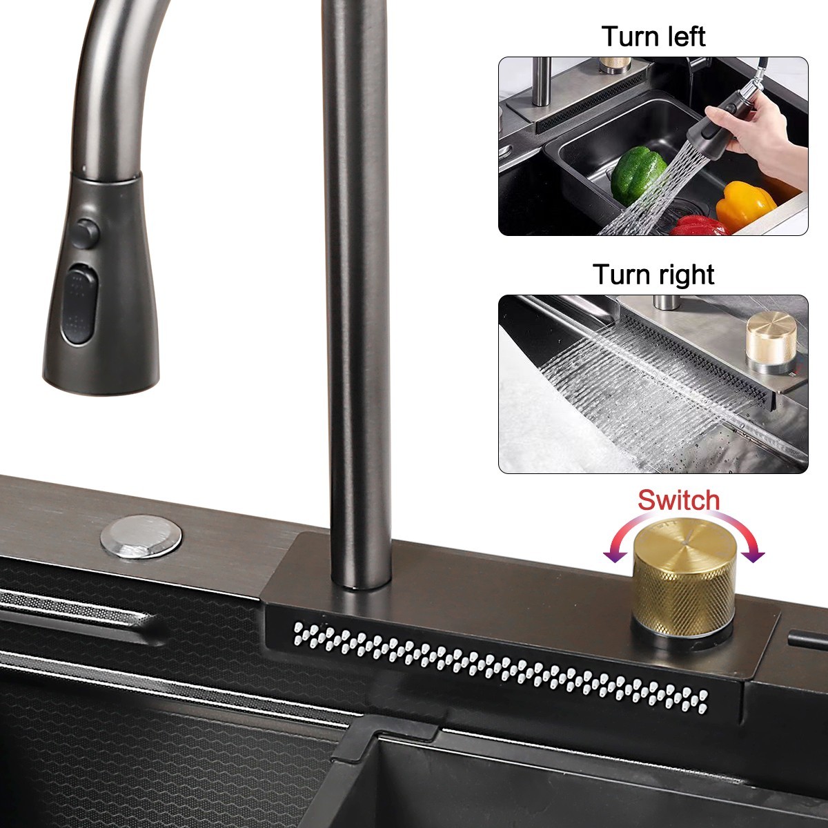 28x17 Flying Rain Stainless Steel Waterfall Kitchen Sink with Faucet Single Bowl