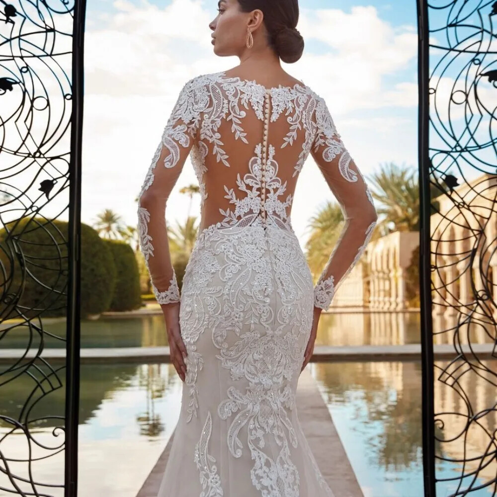 Elegant O-neck Mermaid Wedding Dresses Lace Appliques Long Sleeves Bridal Gowns