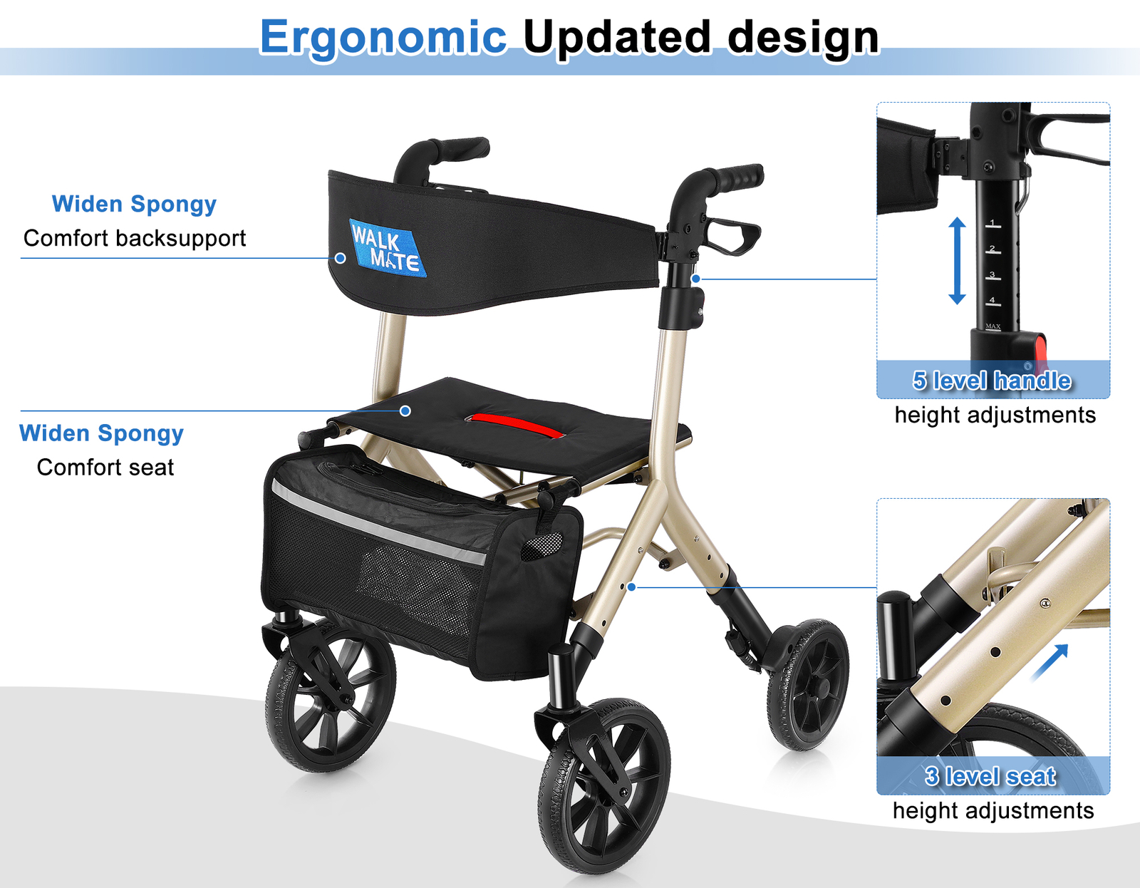 Walk Mate Rollator Walker Heavy Duty Folding 300lb Rolling Wide Seat w/ 4 Wheels