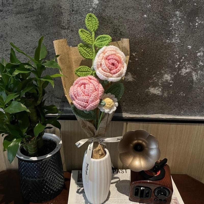 Knitting Crochet Artificial Flower Bouquet for Anniversary Housewarming Mom Gift