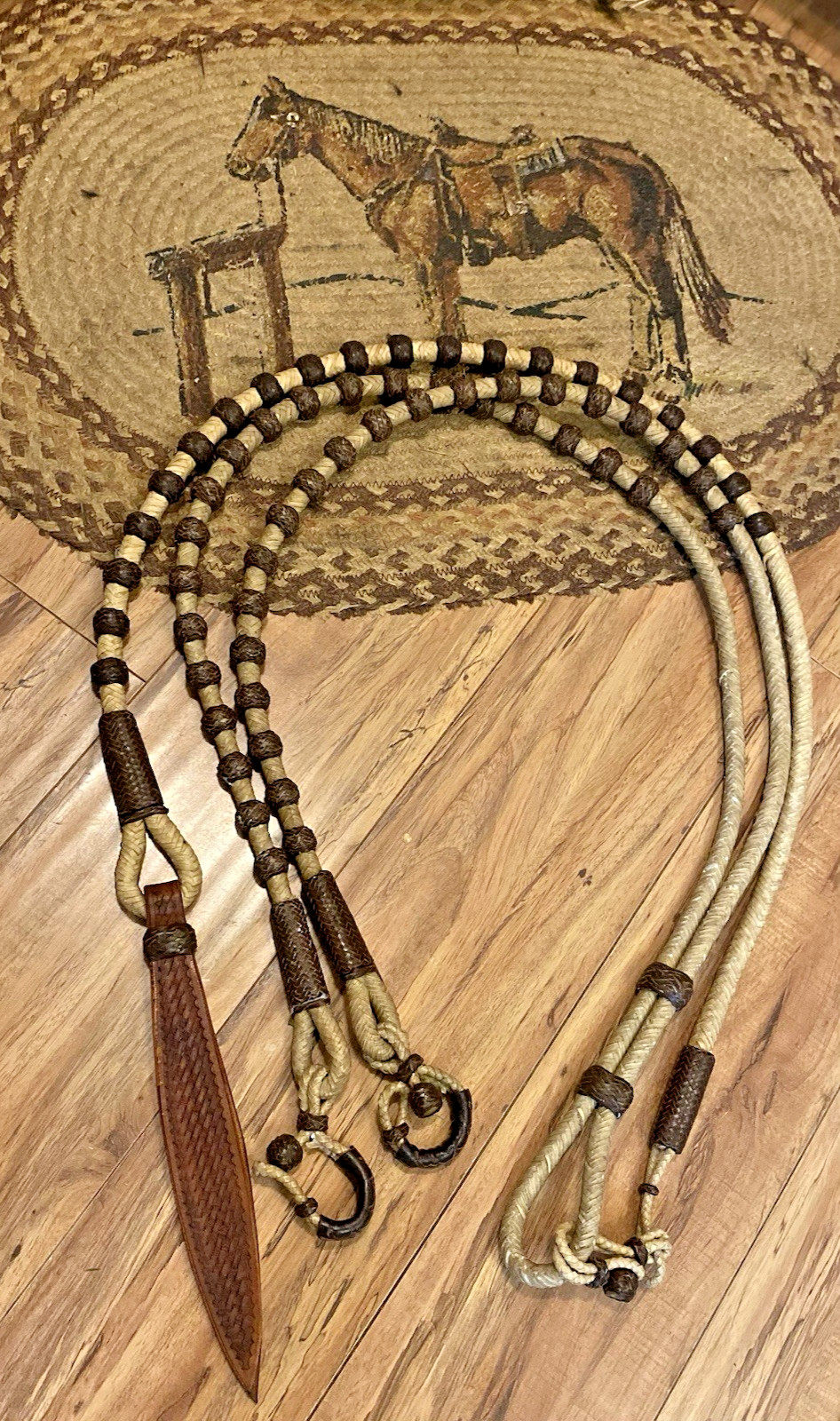 Vintage Western Braided Rawhide Romel / Romal Reins 60 Brown Buttons Vaquero