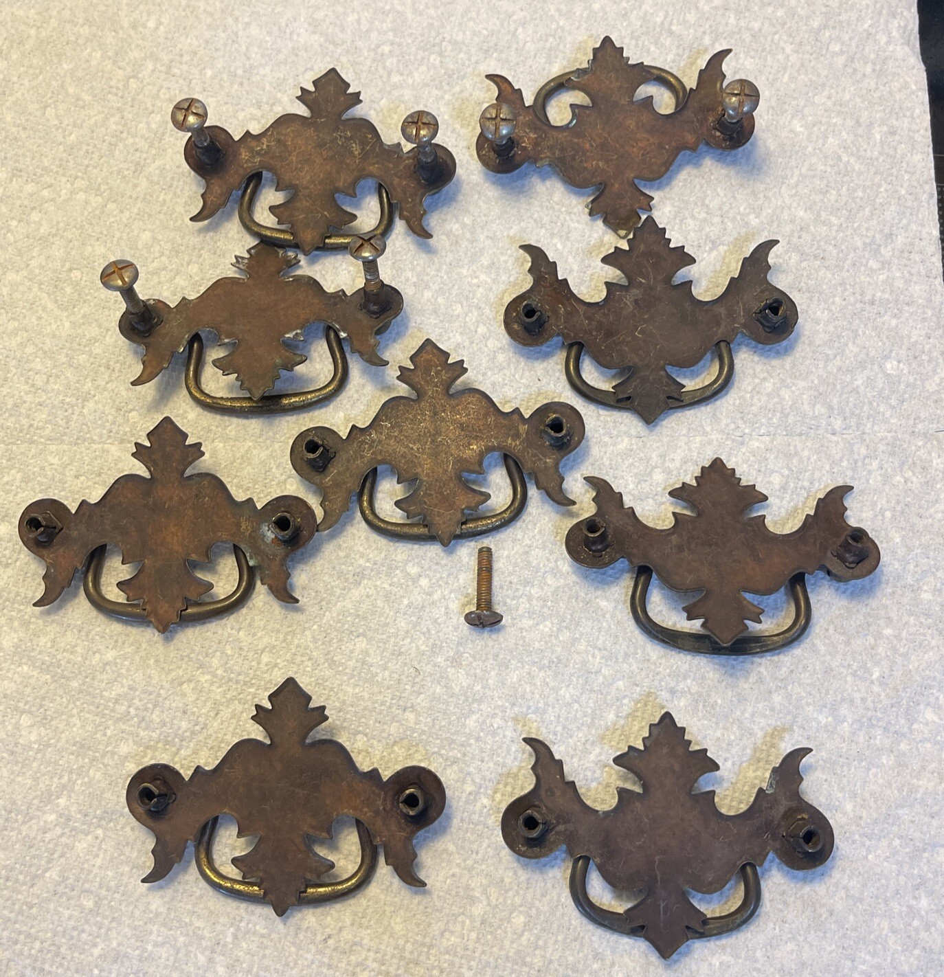 9 Colonial Chippendale Style Drop Pull Drawer Handles Brass Patina Vintage