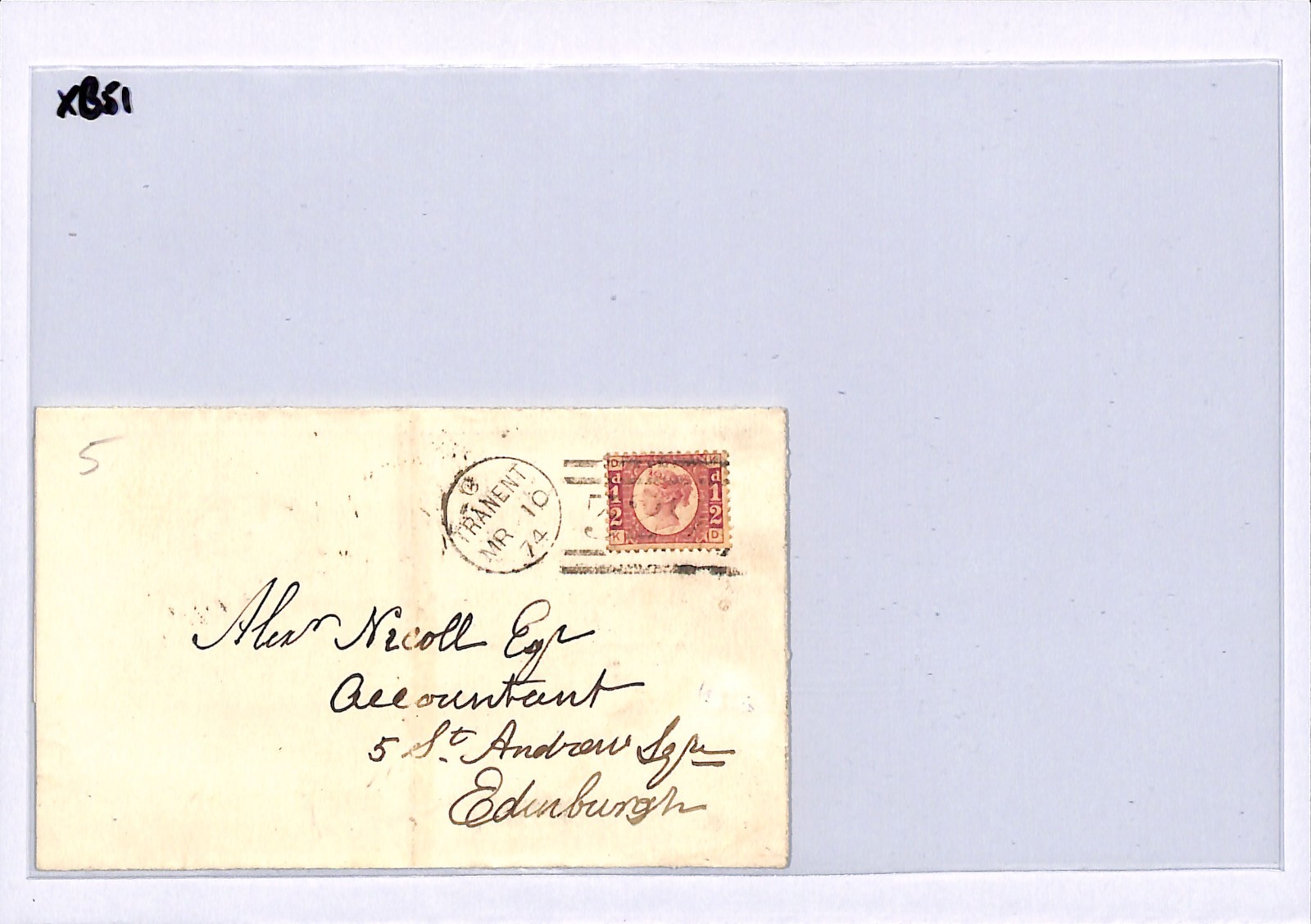 GB QV BANTAM ½d Plate 5 (KD) Cover TRANENT Duplex Haddingtons 1874 Edinr XB51