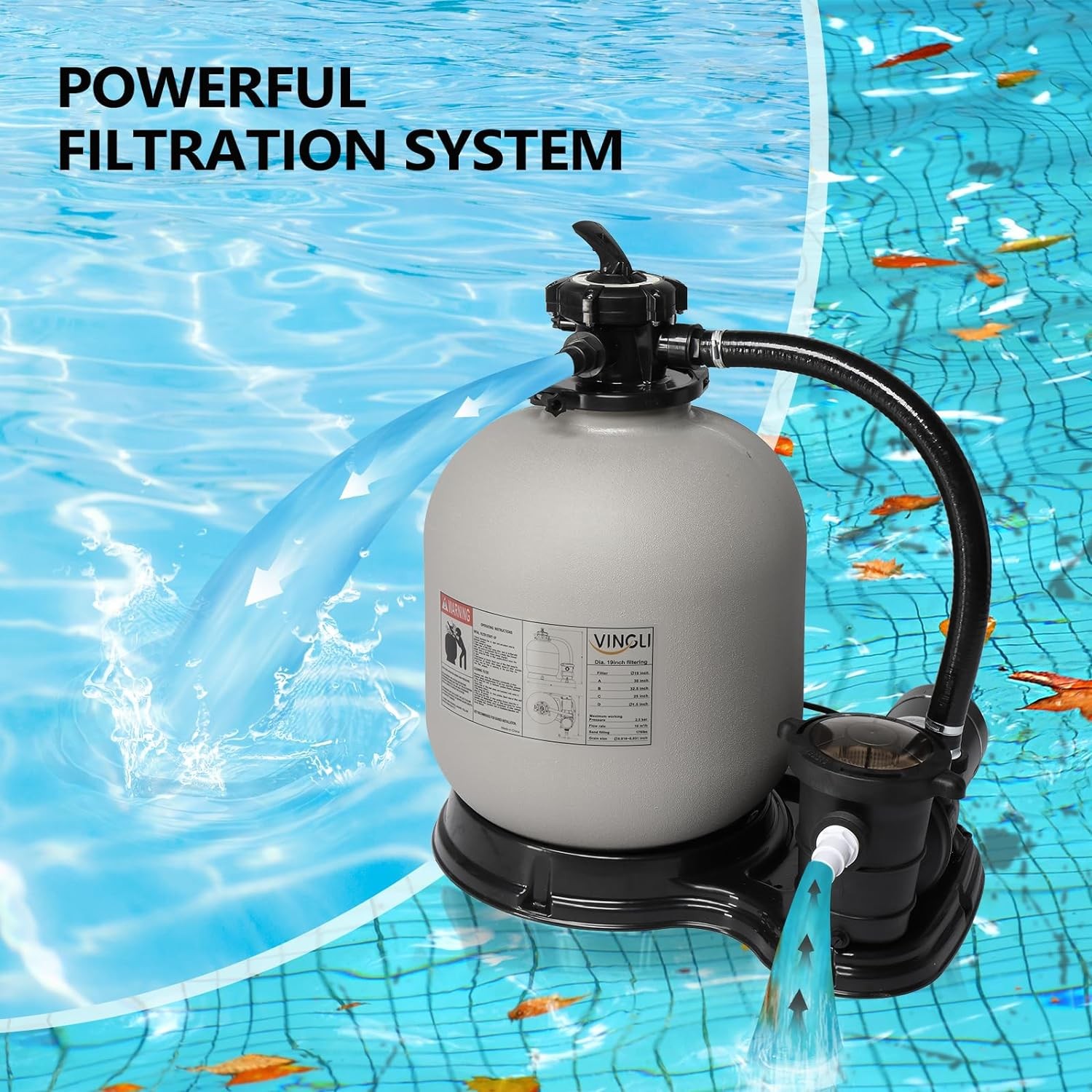 24" Sand Filter Above Ground 1.5HP Pool Pump 5400GPH Flow 6-Way Valve Portable
