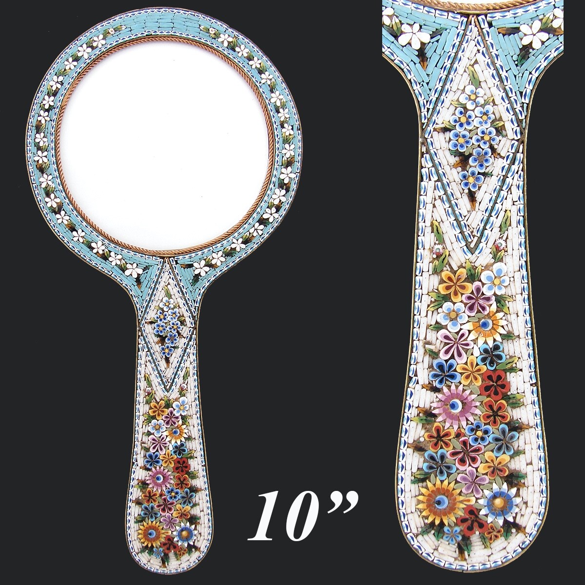 Antique Italian Micro Mosaic 9 7/8" Picture Frame, Vanity or Hand Mirror Shape