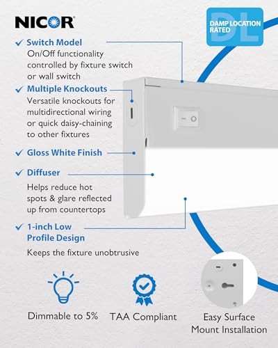 ” LED Direct Wire Under Cabinet Light with On/Off - Dimmable LED 9 Switch