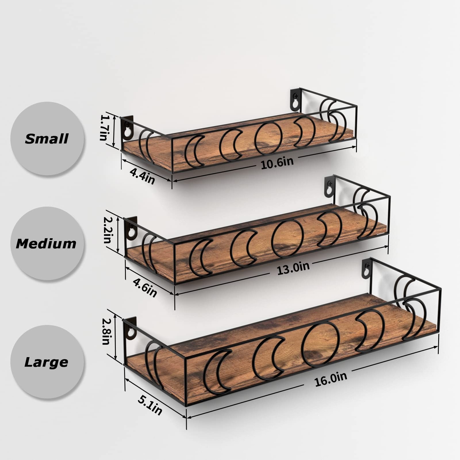 PHAREGE Moon Phase Floating Shelves Brown Black, Set of 3 Small Decorative Wa...