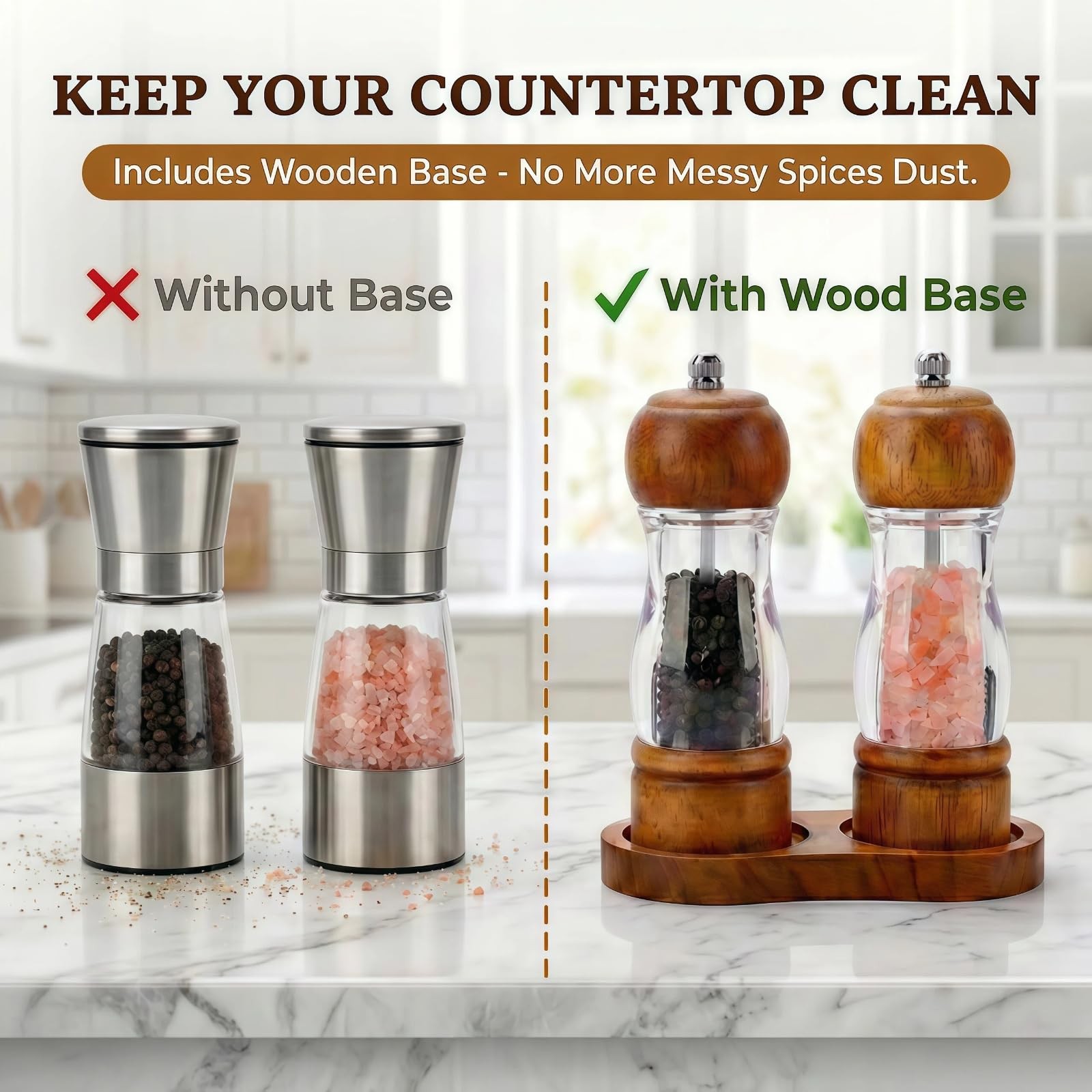 Wood Salt and Pepper Grinder Set 6.3in Adjustable Ceramic Mills w/ Tray