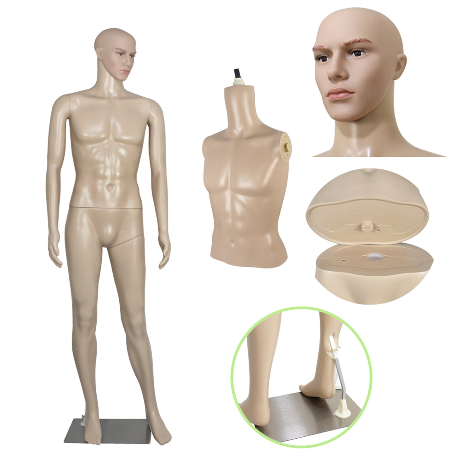 72"H Male Mannequin Full Body PP Realistic Display Head Turns Dress Form w/Base