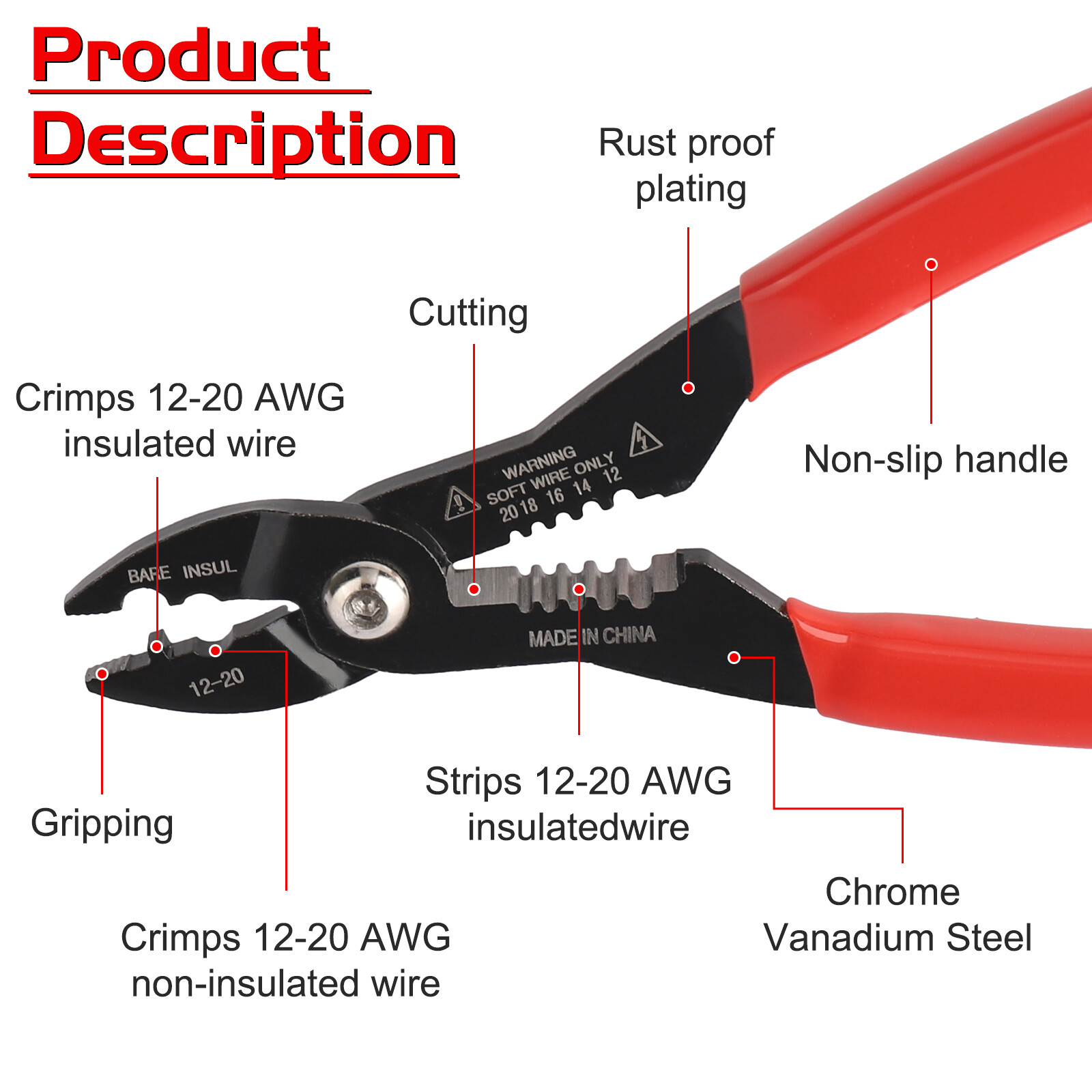 4 in 1 Wire Service Pliers Crimper Stripper Cutter Gripping for 12-20AWG Cable