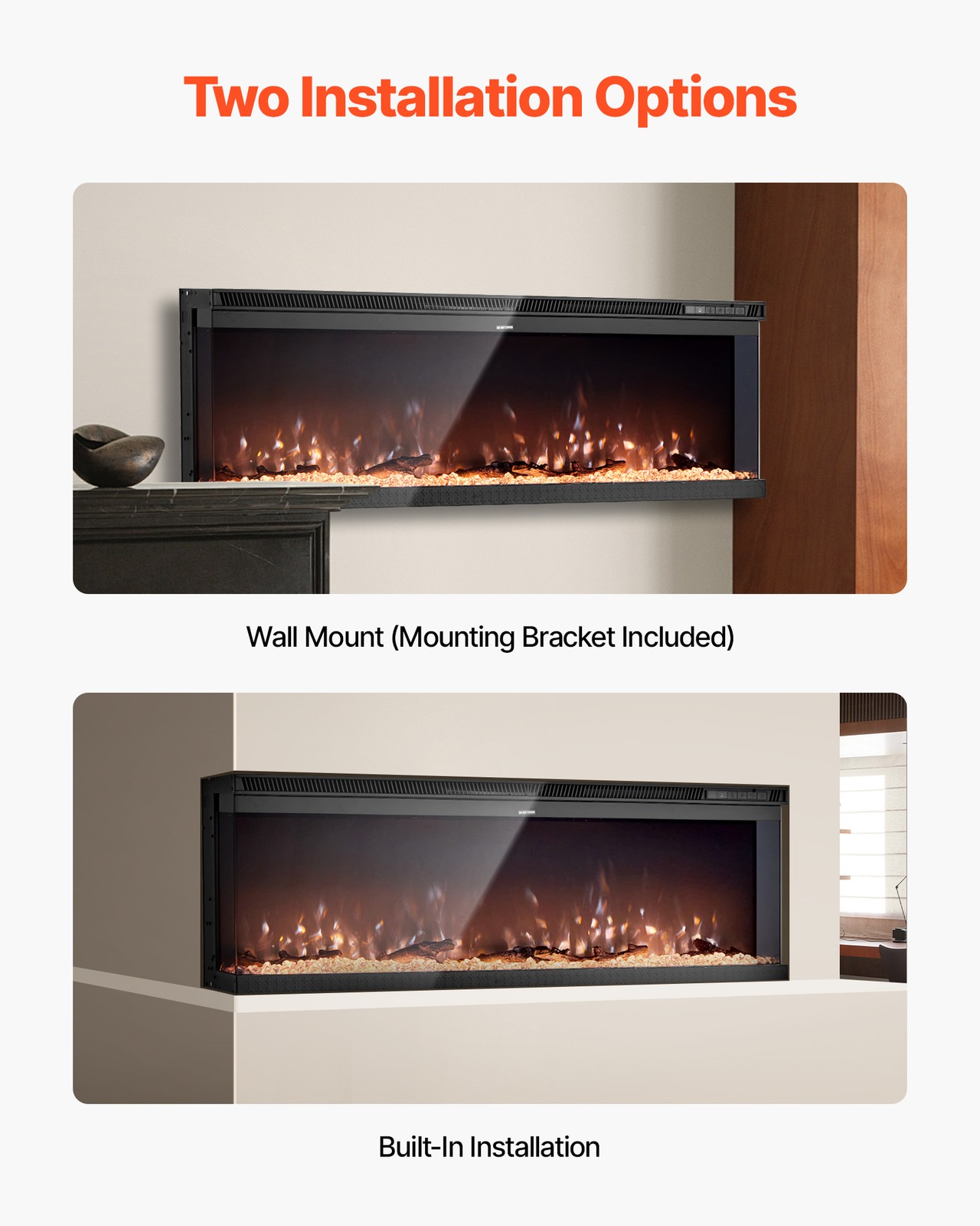 VEVOR 50 inch Electric Fireplace Three Sided Glass Wall Mounted Recessed 1500W
