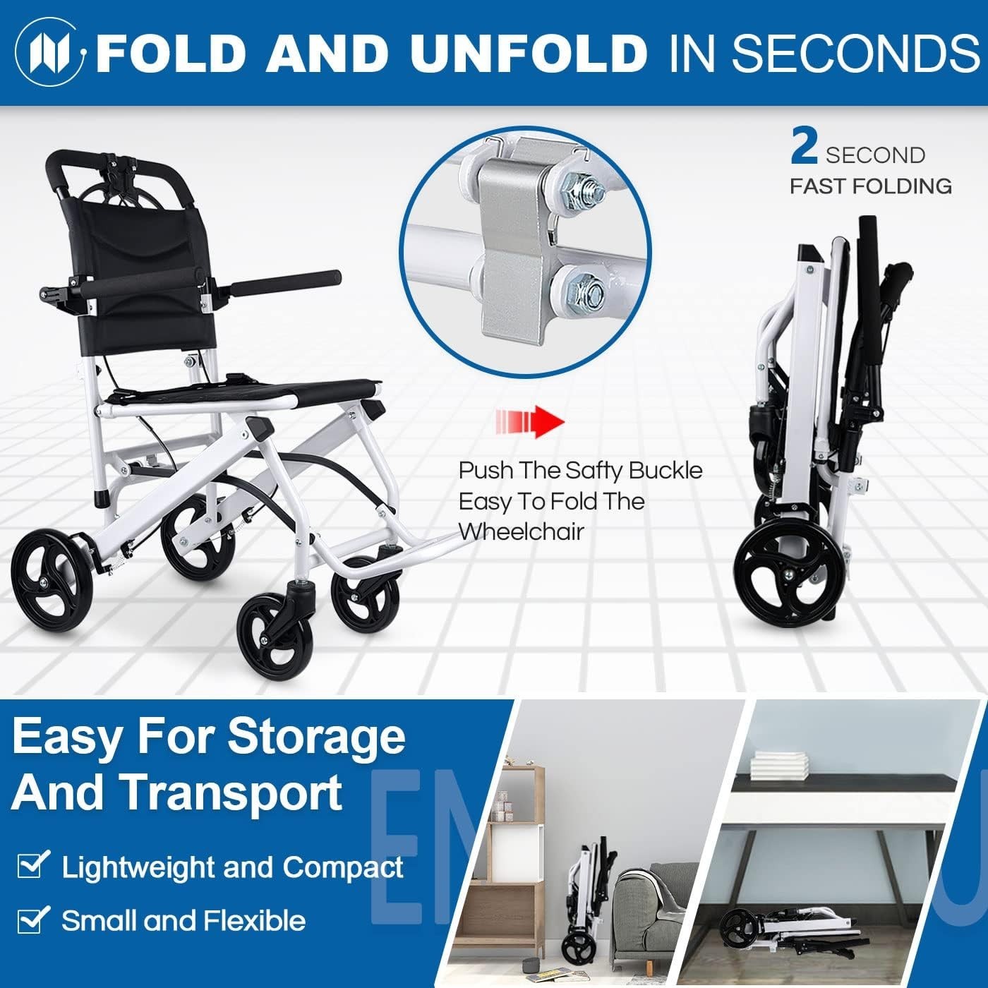 Only 16 lbs Ultra-Lightweight Foldable Transport Wheelchair, Dual handbrakes