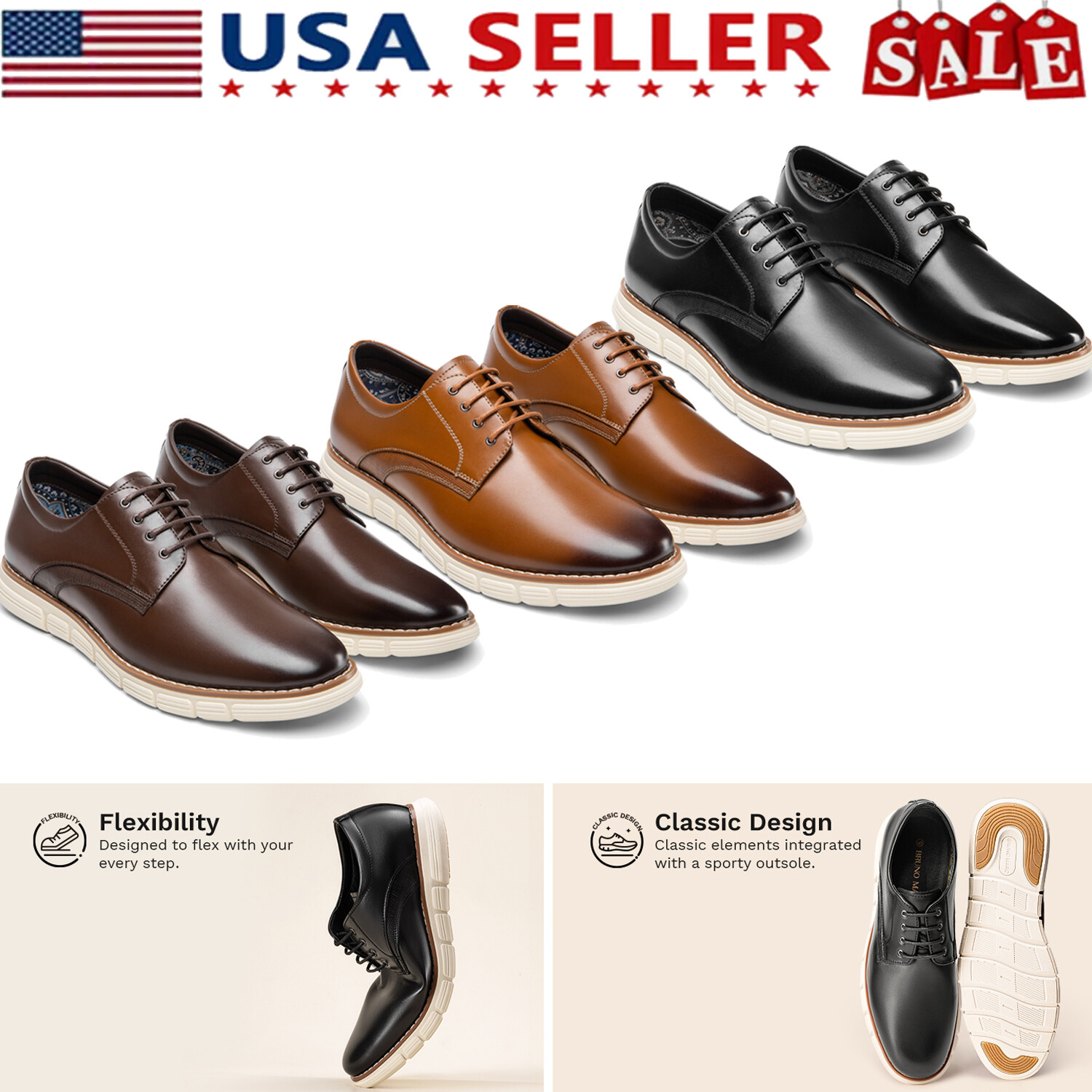 Men's Dress Sneakers Casual Oxford Lightweight Arch Support Shoes Black/Brown