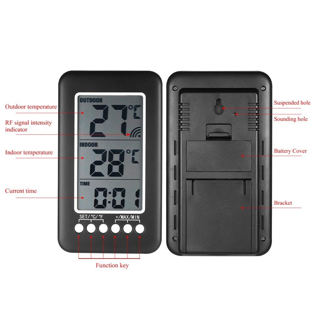 Indoor Outdoor Digital Thermometer Clock Temperature Meter Wireless Transmitter