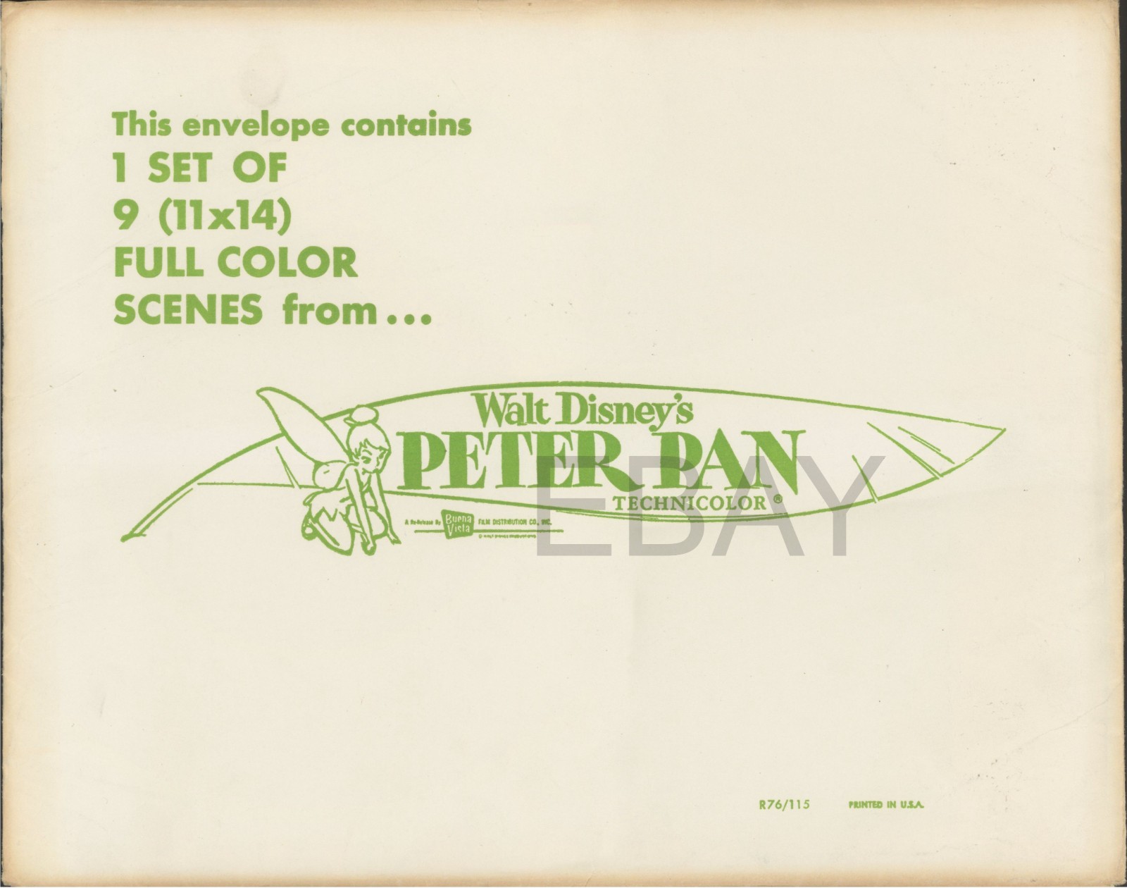 Disney PETER PAN (R1976) - Vintage 11x14 lobby card set 9 + orig envelope NICE!
