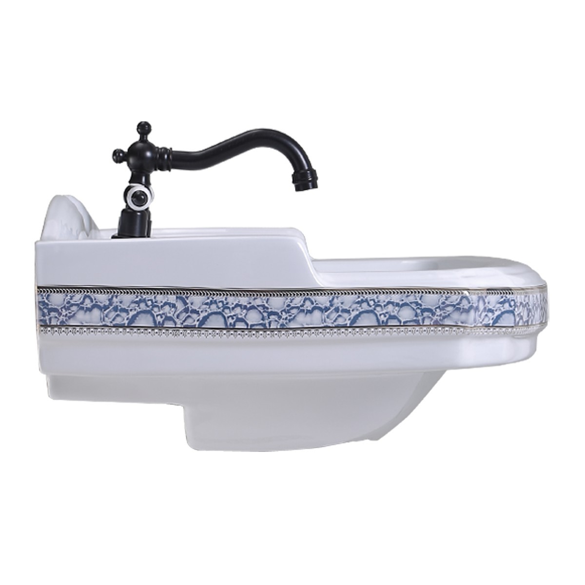 India Reserve White Bathroom Pedestal Sink Porcelain with Blue and Gold Finish