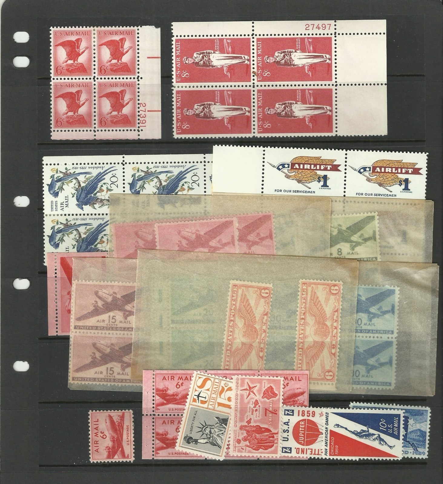 USA Stamps: Air Mail Plate Blocks & Singles on White Ace Album Pages. SCV $350+