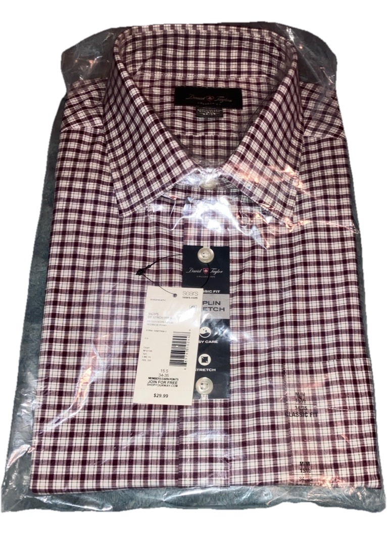 DAVID TAYLOR MAROON DRESS SHIRT PLAID CHECKERED LONG SLEEVE 15.5 34/35 NEW