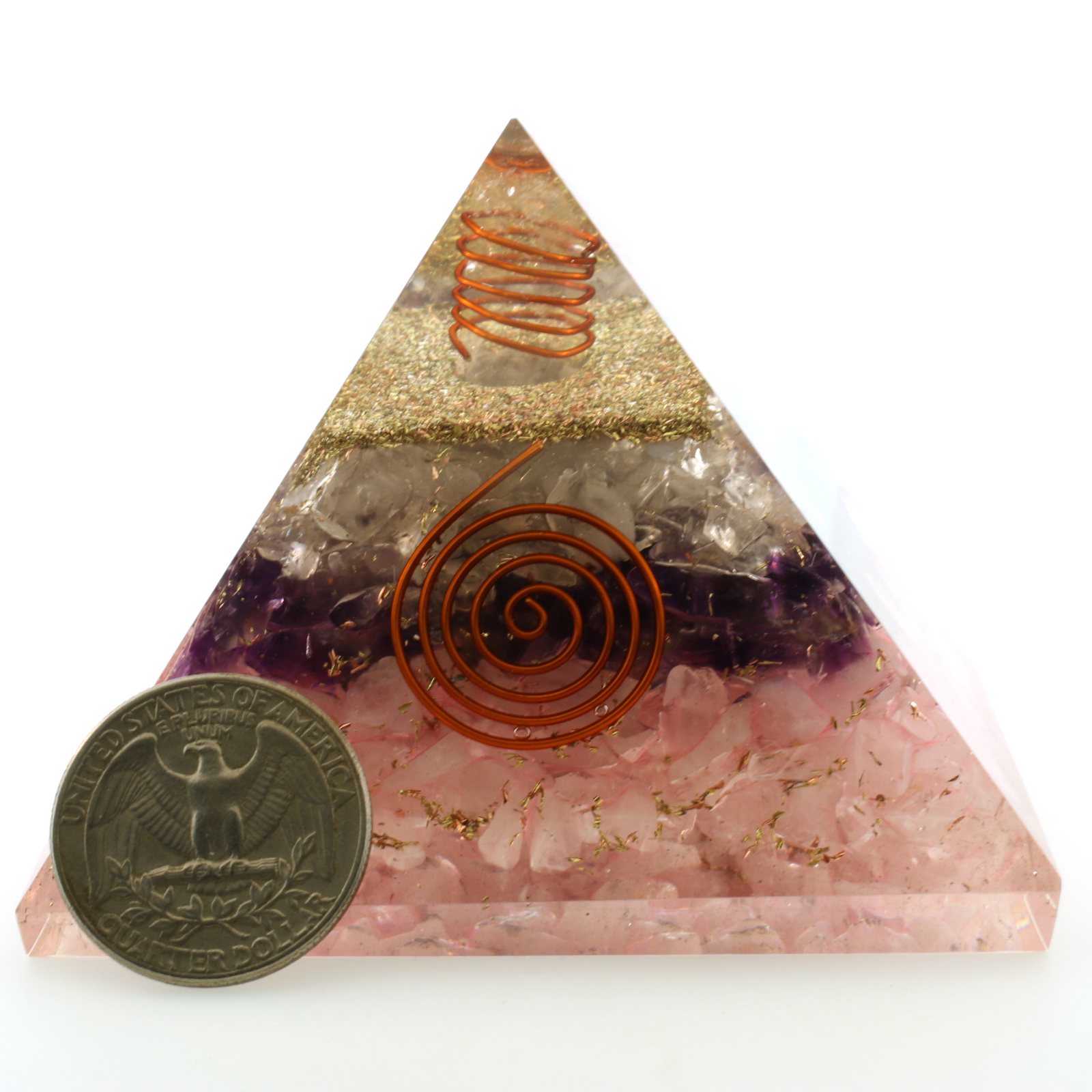Amethyst Rose & Clear Quartz Orgone Pyramid XL 3in 75mm EMF & 5G Protection