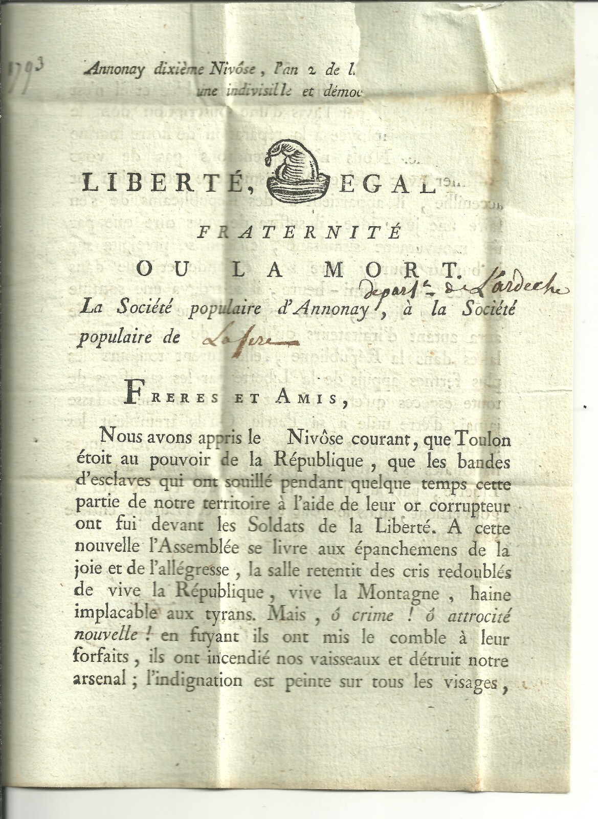FRANCE 1793 ANNONAY TO LAFERE LETTER 53 (Z851)