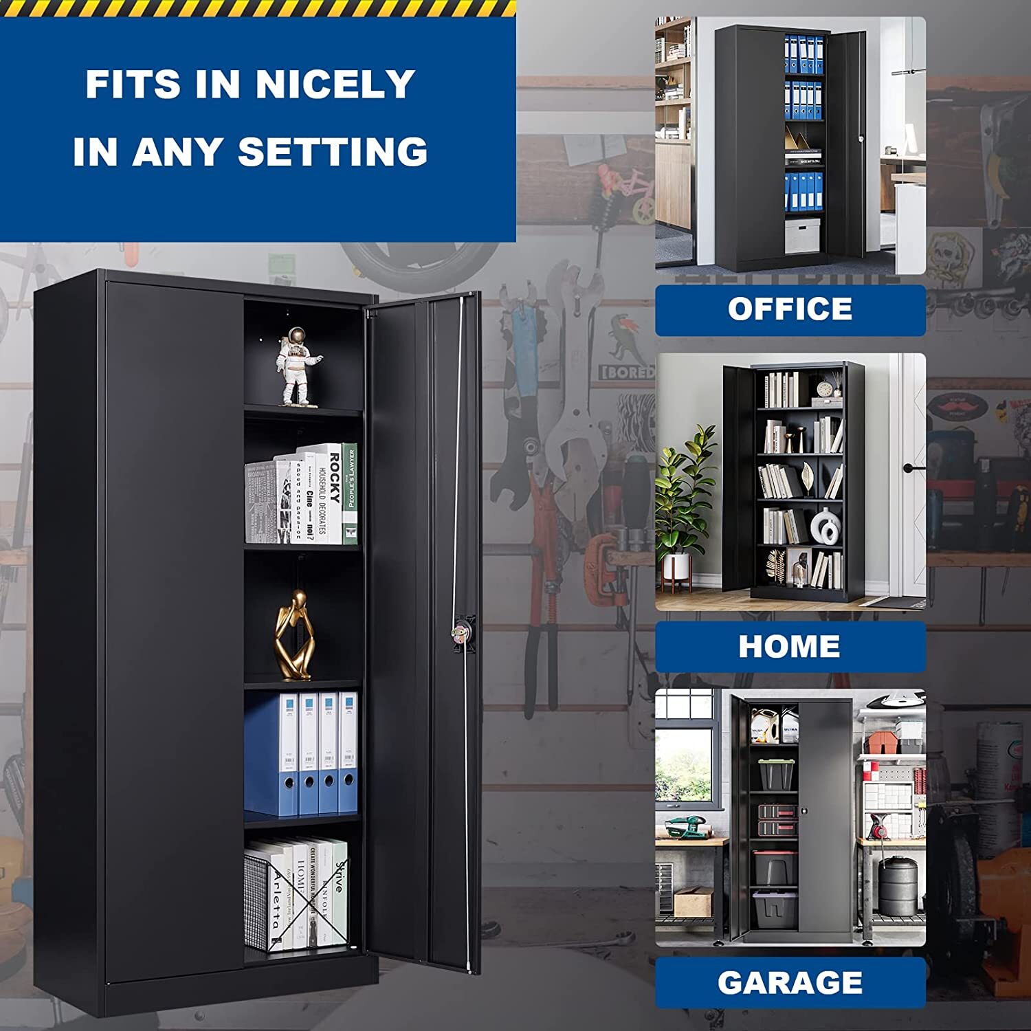 71''Metal Storage Cabinet with 4 Adjustable Shelves and Locking Door Home Garage