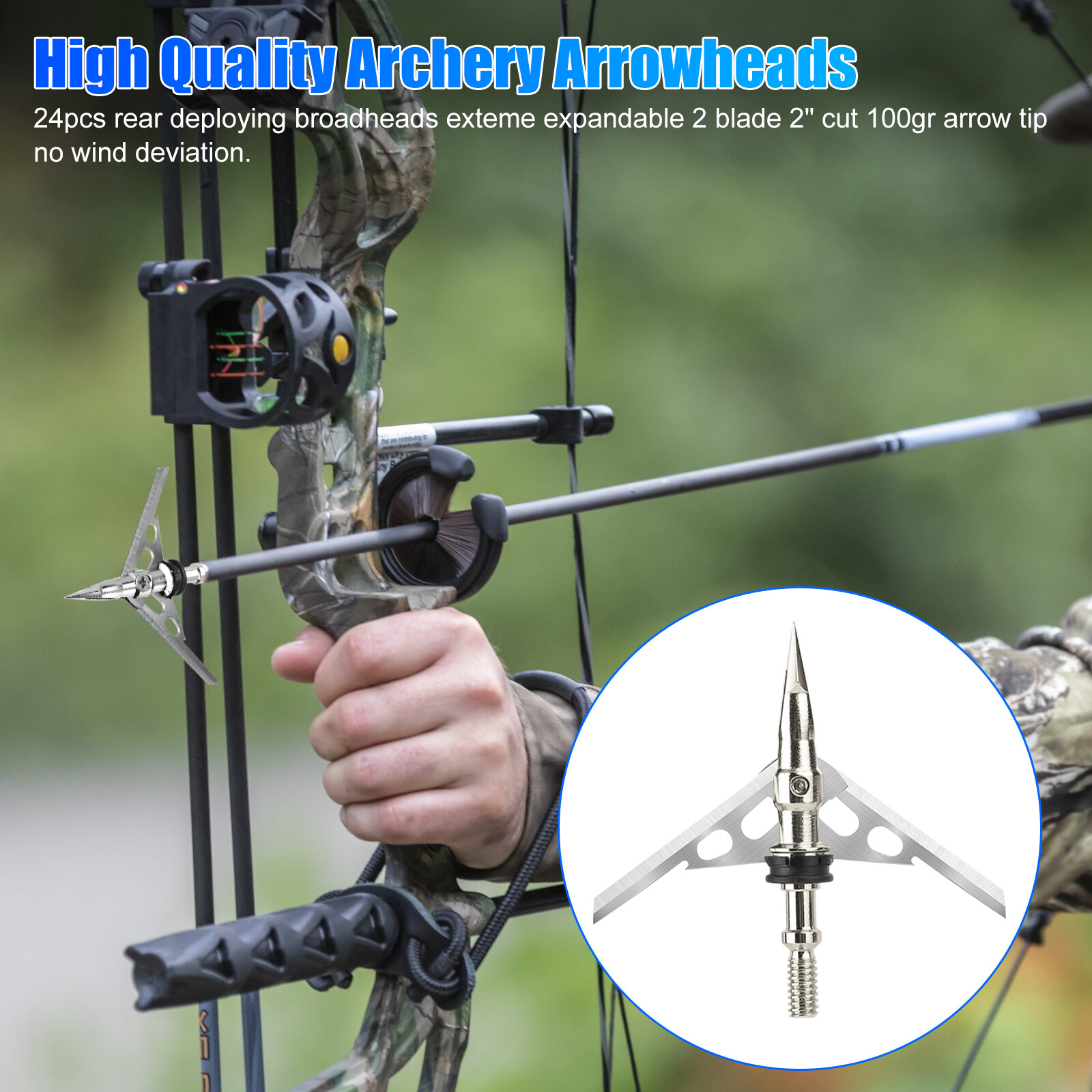 24Pcs 100 Grain Archery Broadheads 2" Dia Expandable Hunting Arrowhead w/2 Blade