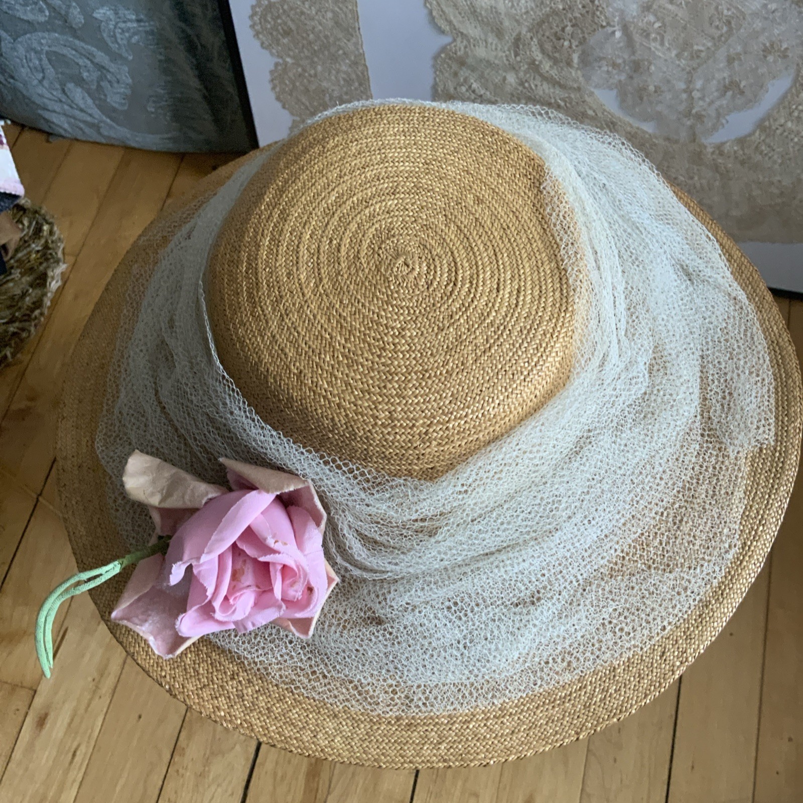 STRAW BOATER SKIMMER HAT BROWN RIBBON VINTAGE WOMENS LARGE BRIM