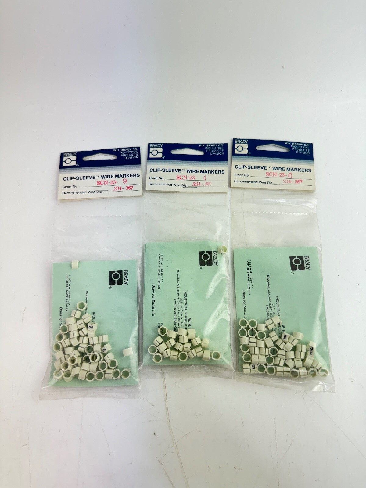 BRADY SCN-23 ASSORTED CLIP-SLEEVE WIRE MARKERS *LOT OF 3 BAGS* #4, 6, 9