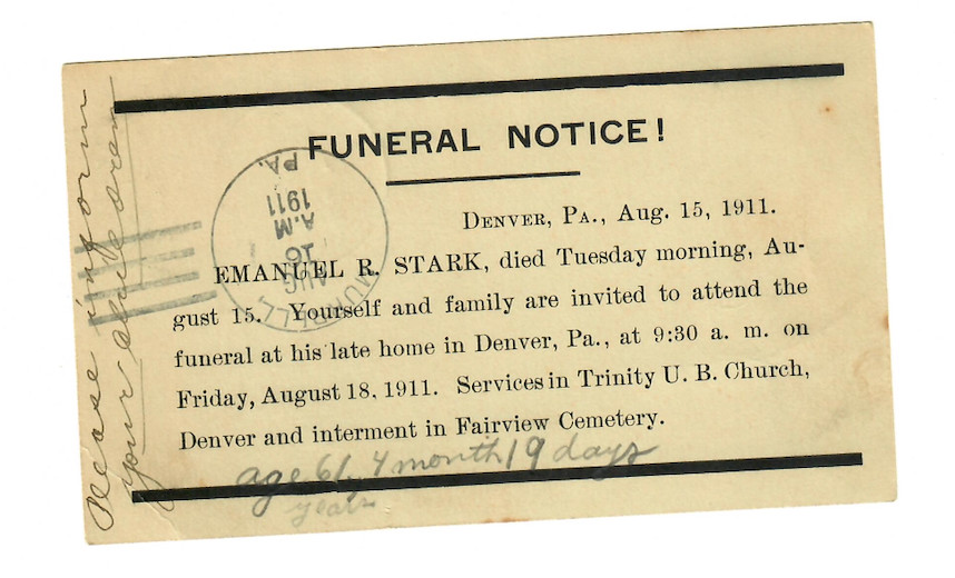 1911 Funeral Notice Postal Card Denver PA - C076