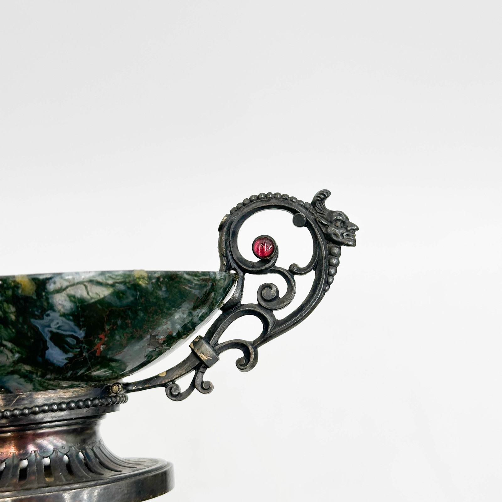 French Sterling Silver Carved Moss Agate Double Handled Master Salt