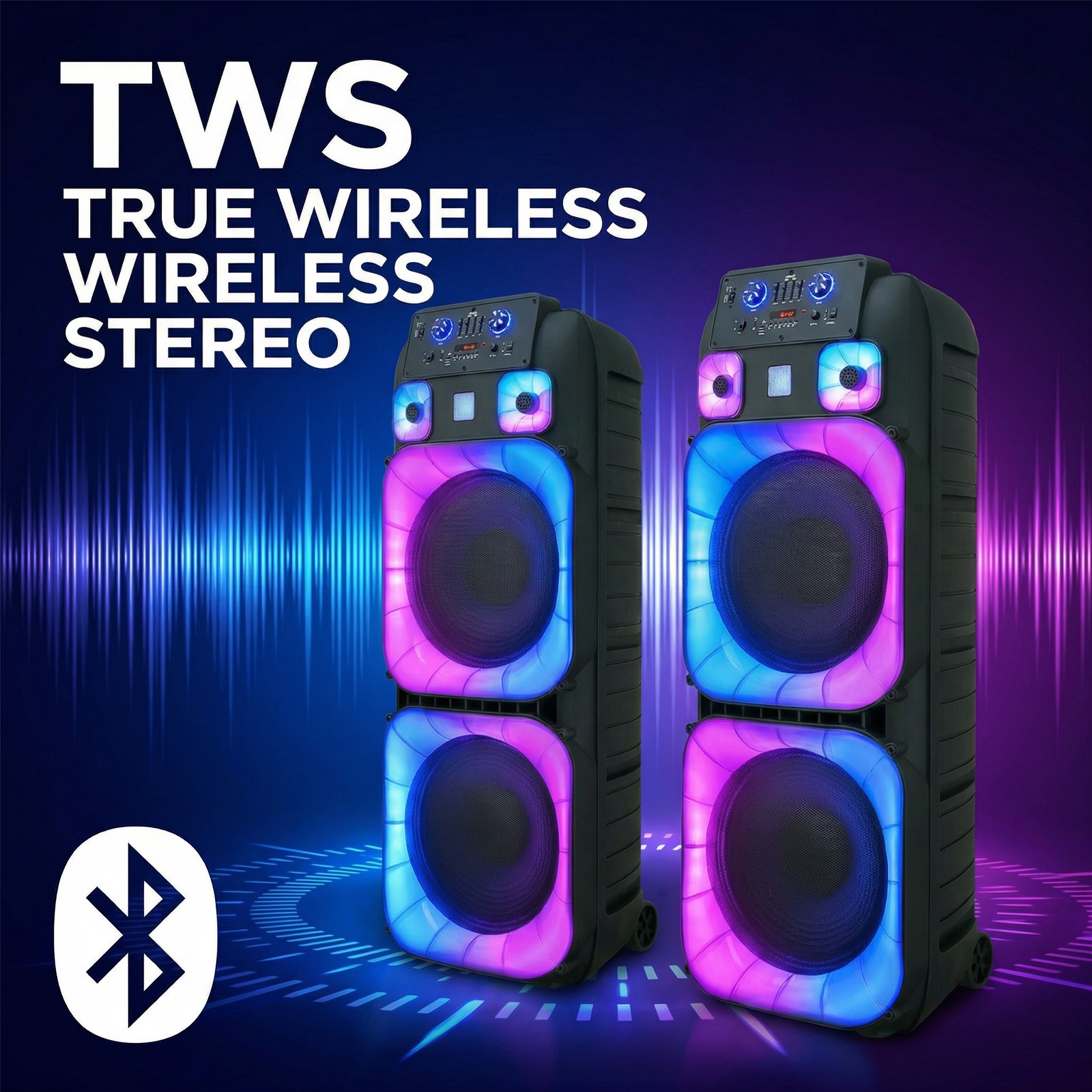 Portable Bluetooth Party Speaker PA System with Dual 15'' Subwoofer 2 Microphone