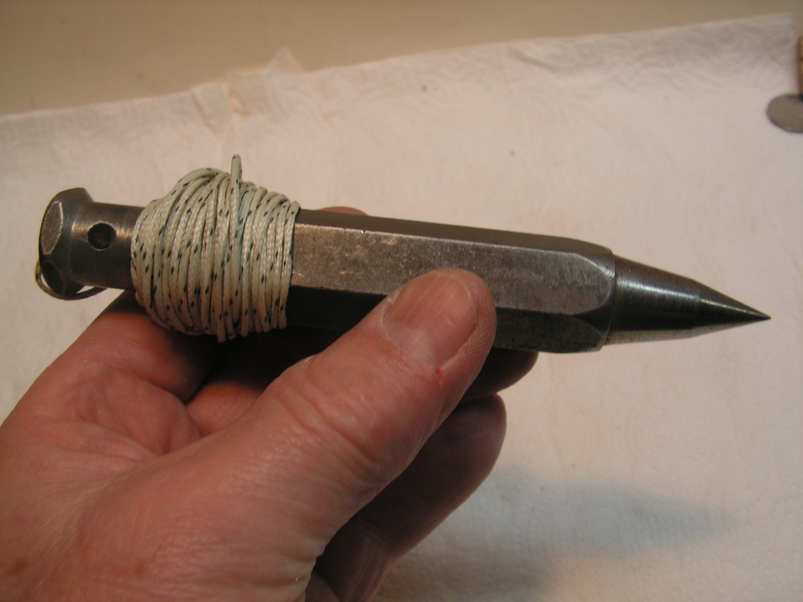 Vintage 12oz Plumb Bob With Nylon Cord 12'+ Hex Body, Nice Sharp Point