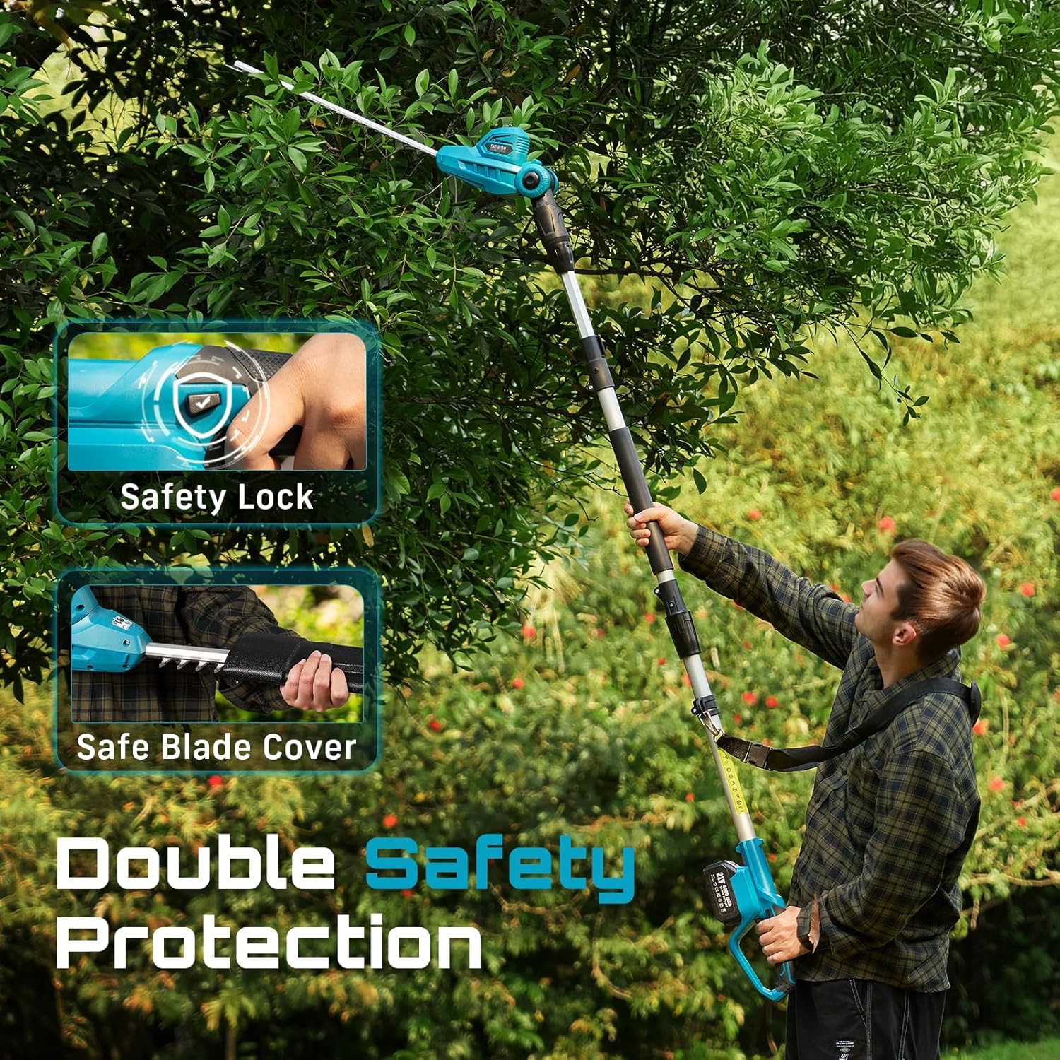 SEESII Pole Hedge Trimmer Cordless 20" Dual-Action Blade 8Ft Telescopic Pole