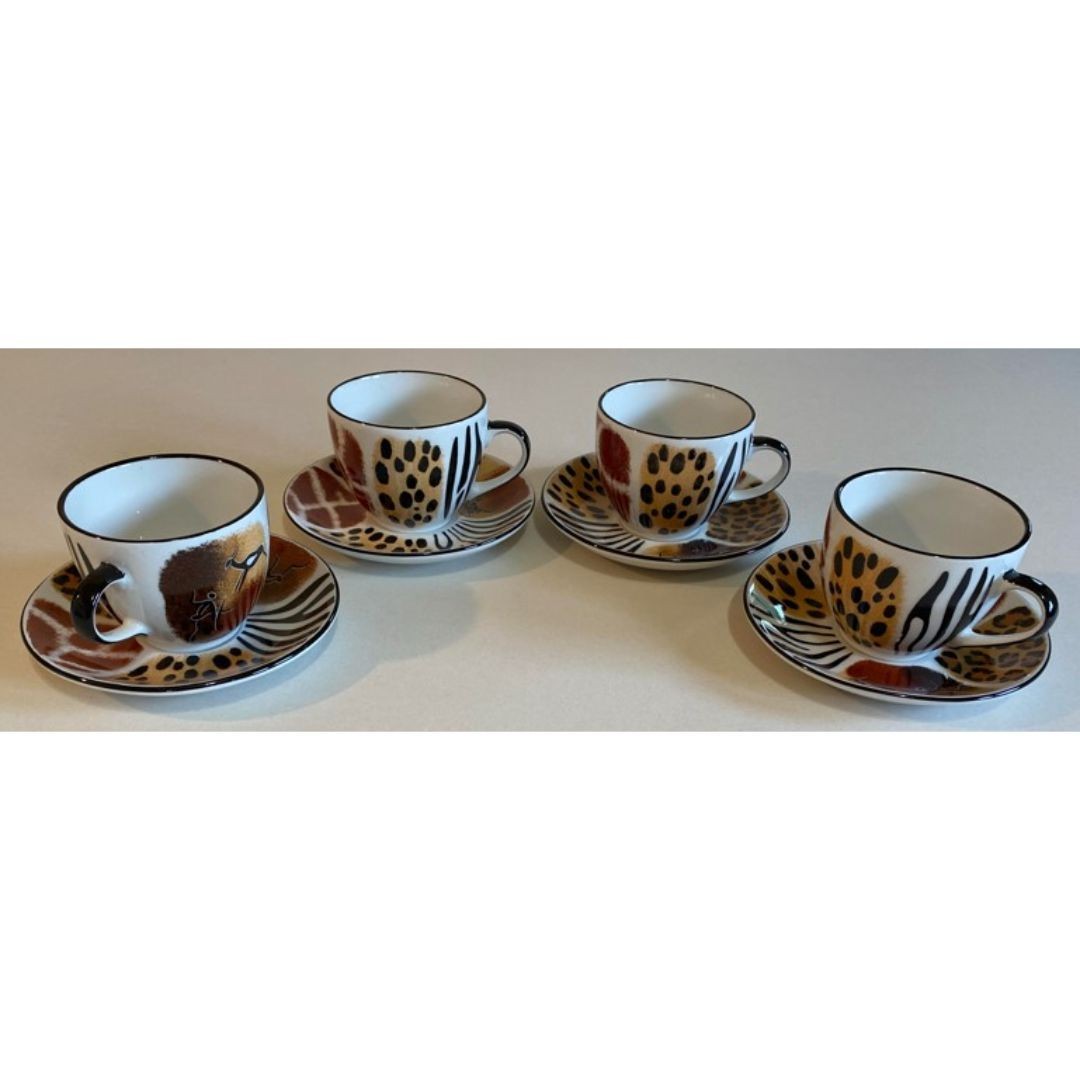 4 Hand Painted African Ceramic Teacups & Saucers Leopard, Giraffe, Zebra Rustic