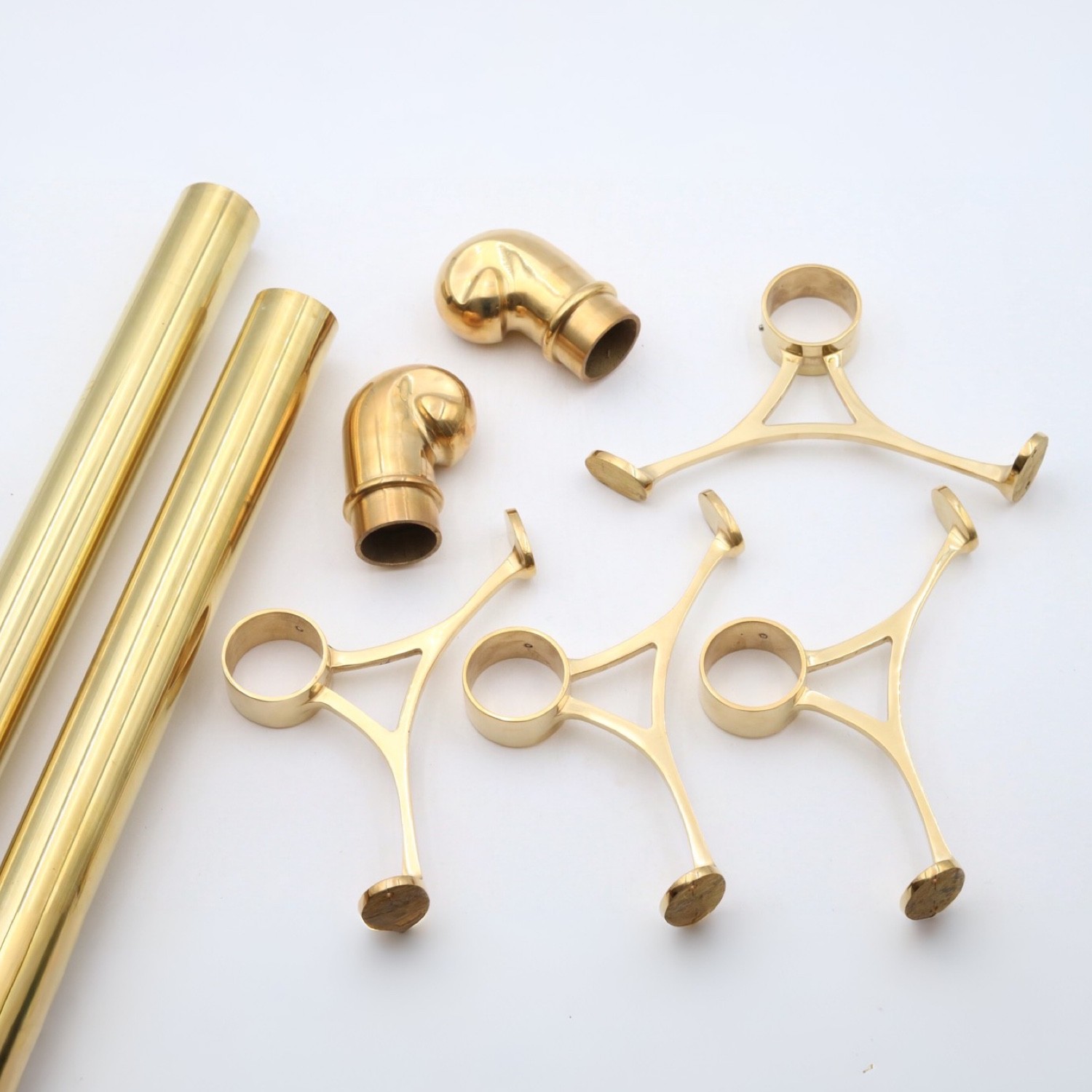 8 Foot Long Brass Bar Rail Kit 2" Diameter w Four Brackets and Two scroll Ends