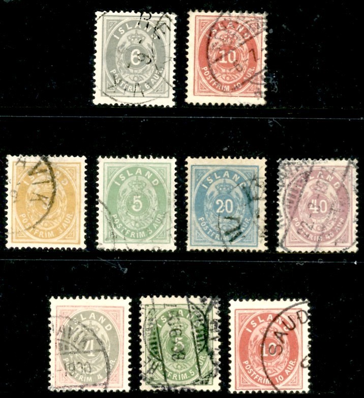 Iceland 1876-99, Nine Different Stamps, Used