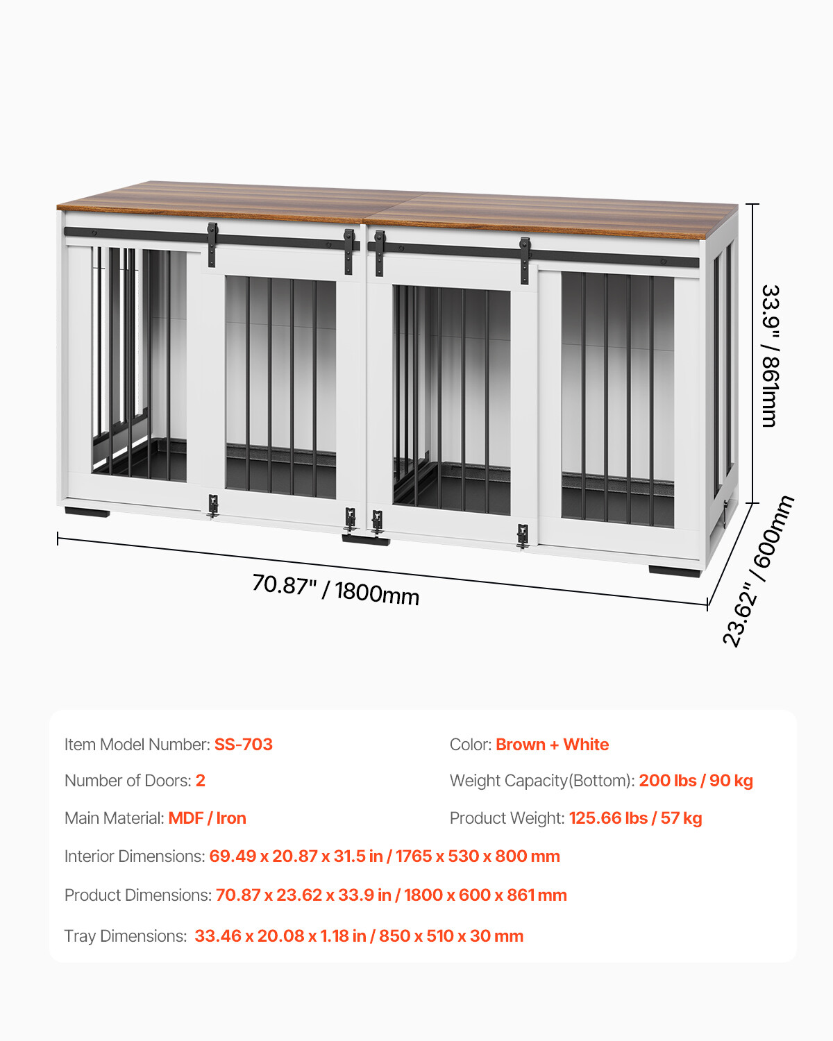 Dog Crate Furniture 72 in Indoor Wooden Dog Kennel with Tray Heavy Duty