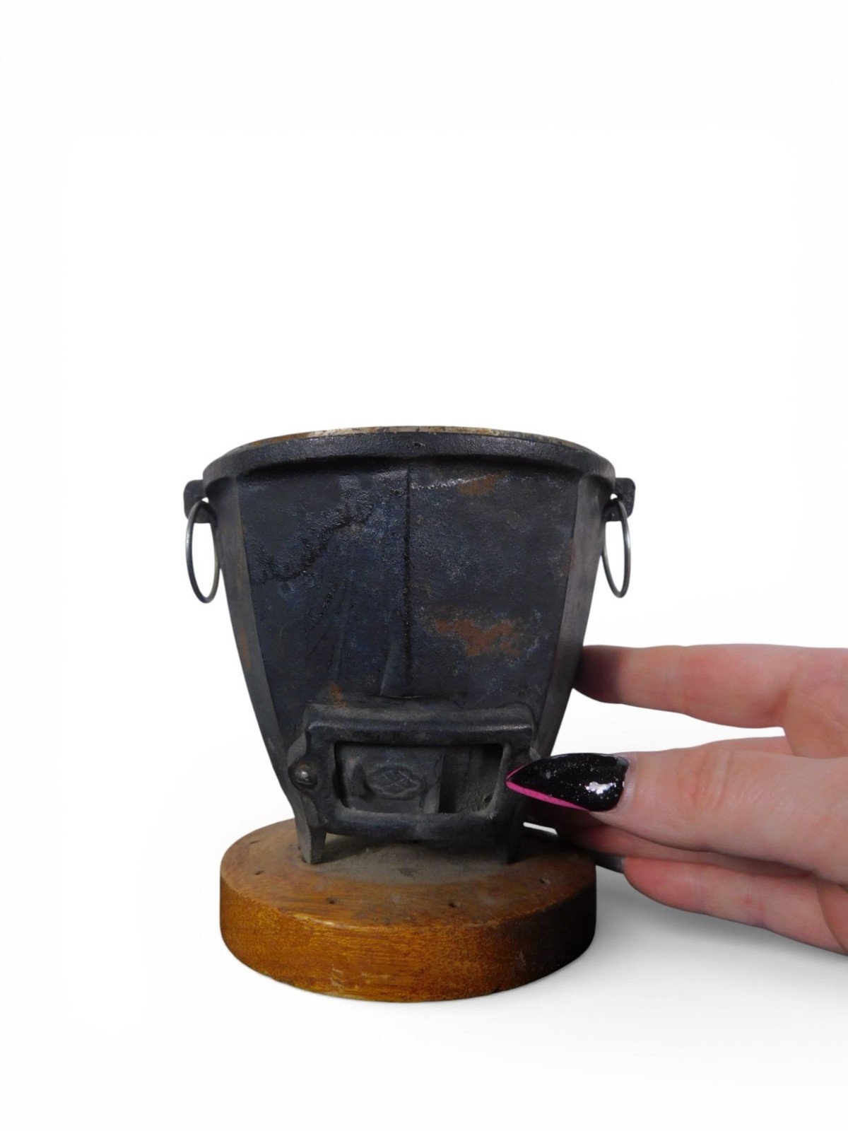 Antique Cast Iron Charcoal Brazier Incense Burner Wood Base