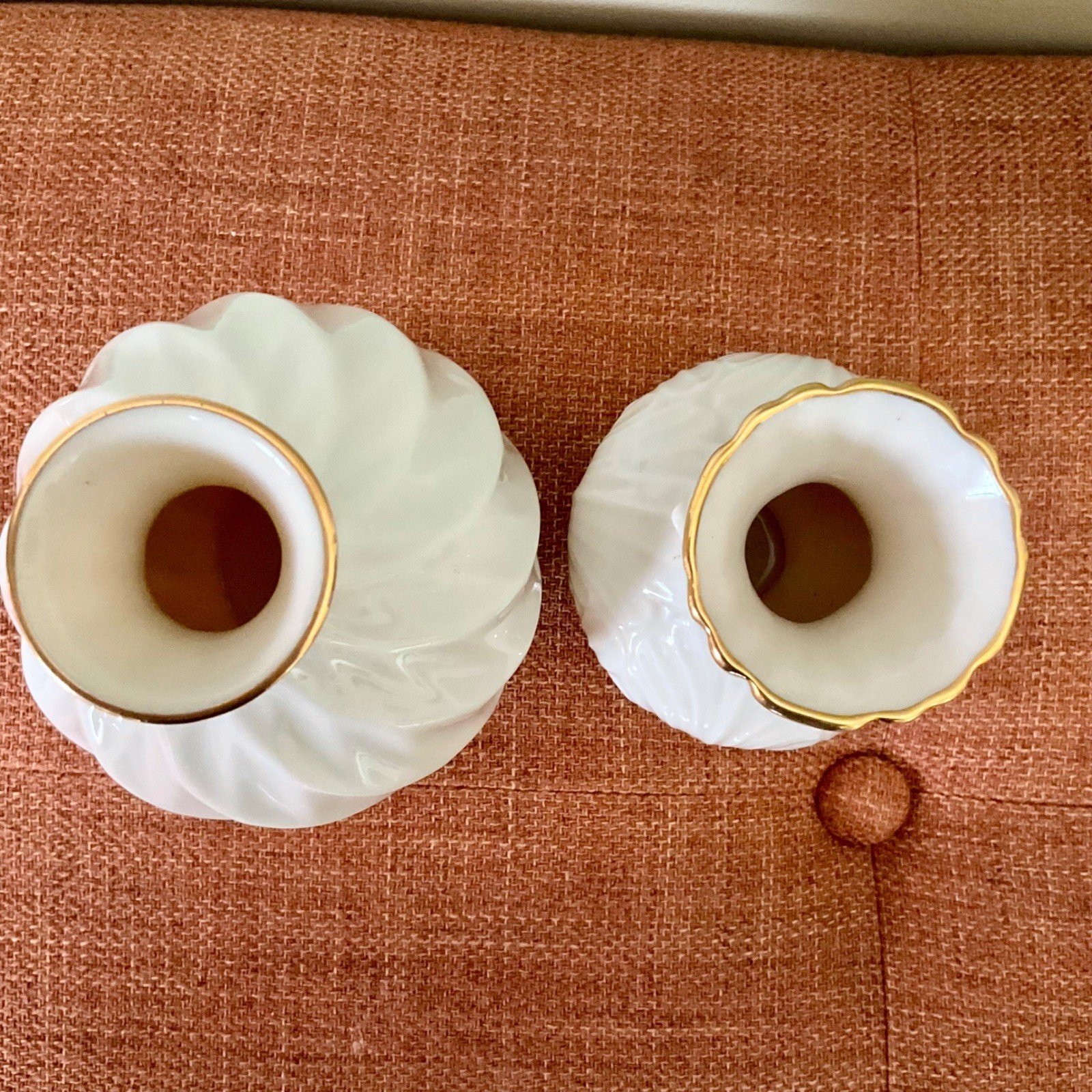 Lenox Ivory Fine China Bud Vase Set 24k Gold Trim Swirl Leaf Embossed Made USA