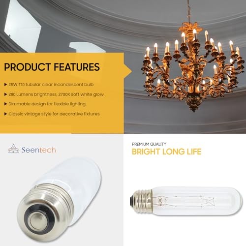25W T10 Clear Tubular Incandescent Bulbs, Vintage Antique Style Showcase