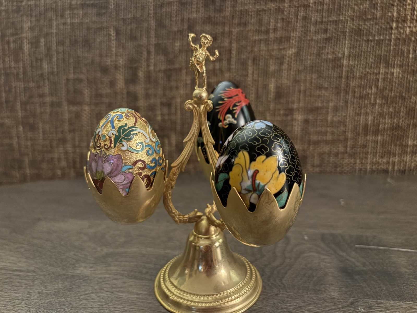Vintage Italian Brass Egg Cup Holder Display Set with Cherub Figural