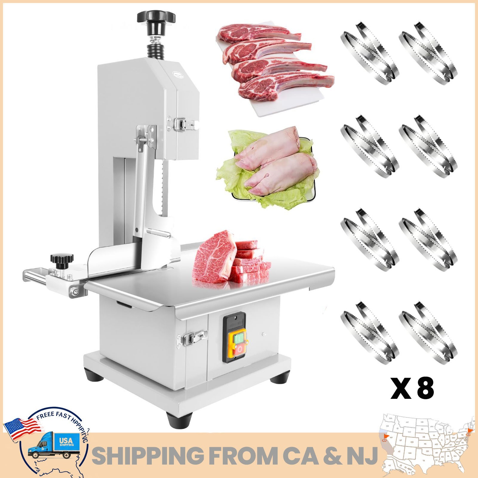 1000W Electric Bone & Meat Bandsaw Machine Frozen Meat Cutter w/ 8 Saw Blades