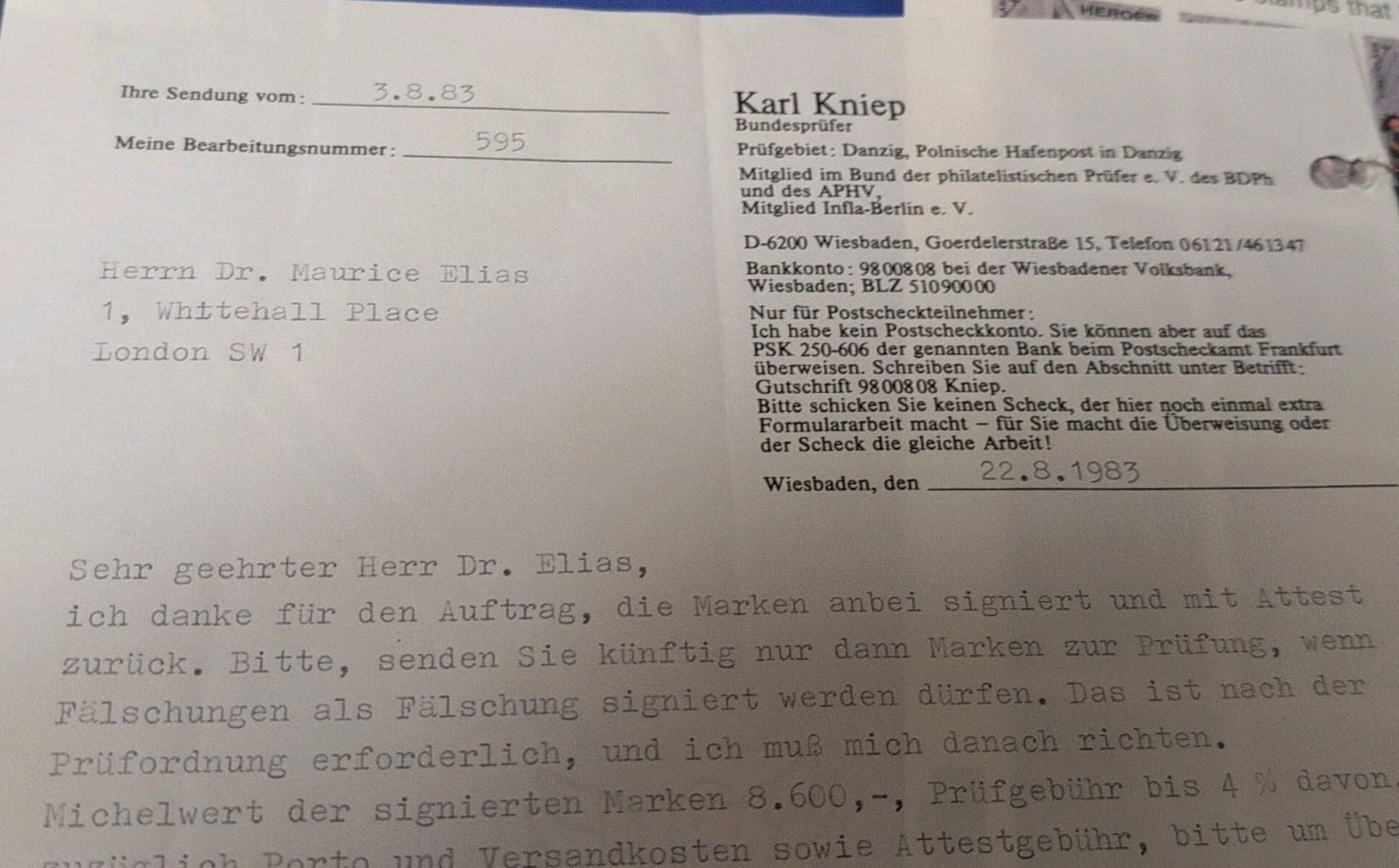 Danzig Mi# 48 MLH / Signed 2x & Karl Kniep Reciept for Geuine - S47981