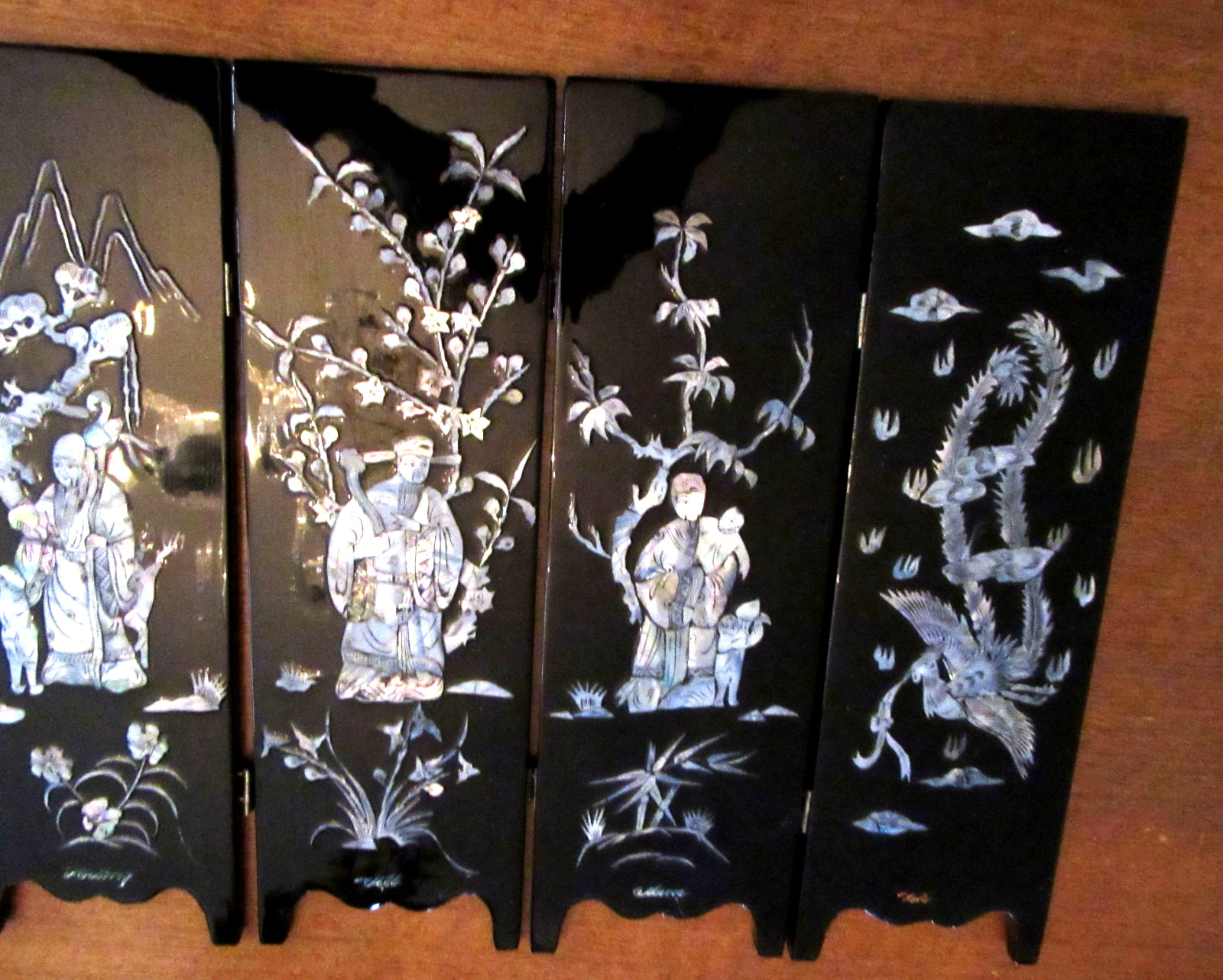 Asian 6 Panel 2 Side Lacquer Wood MOP Abalone Gold Fish Screen Divider 14"x28"