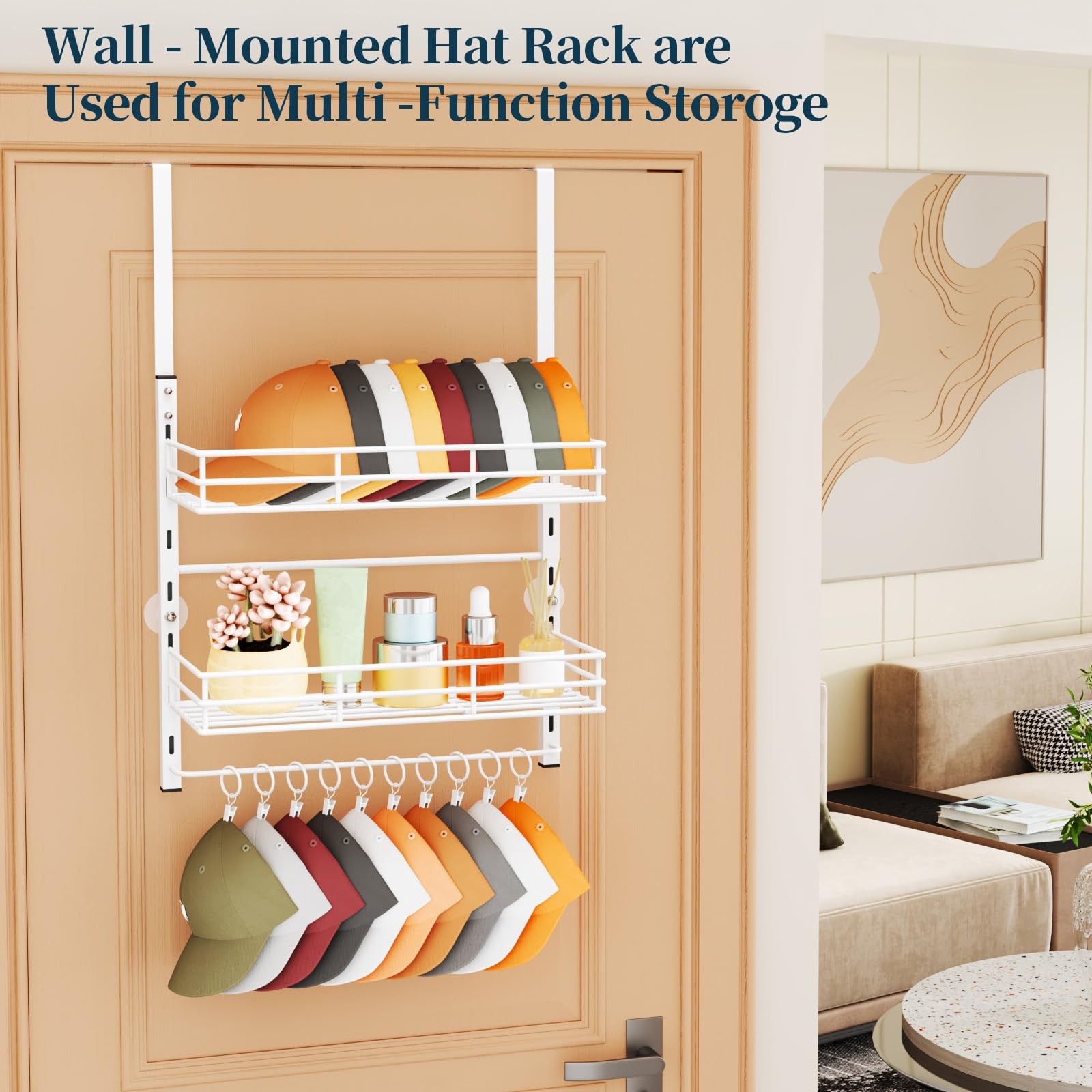 Over Door Hat Organizer 3 Tier Wall Mounted Hat Rack with 2 Adjustable Metal...