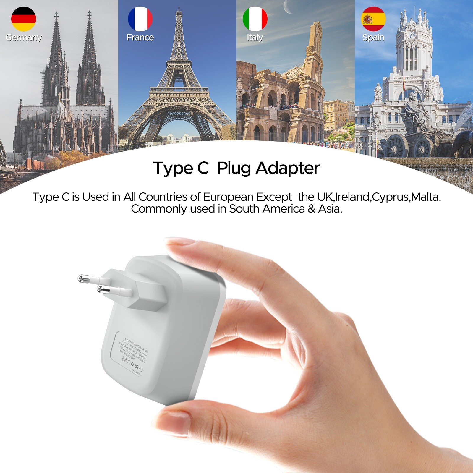 2 USB European Travel Adapter, 2500W International Power Plug for US to Most EU